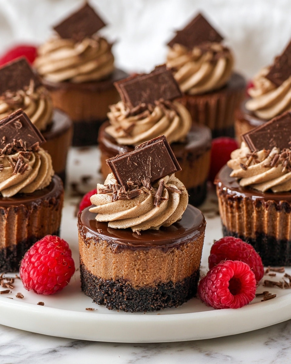 The image shows several mini chocolate cheesecakes arranged on a white plate with a white marbled surface underneath. Each cheesecake has three layers: a dark crumbly base, a smooth medium brown middle cheesecake layer, and a dark shiny chocolate glaze on top. On top of the glaze, there is a swirl of light brown chocolate frosting, some with small chocolate shavings sprinkled on the frosting. A few cheesecakes are topped with a square piece of dark chocolate standing upright in the frosting. Fresh red raspberries are placed around the cheesecakes on the plate. Photo taken with an iphone --ar 4:5 --v 7