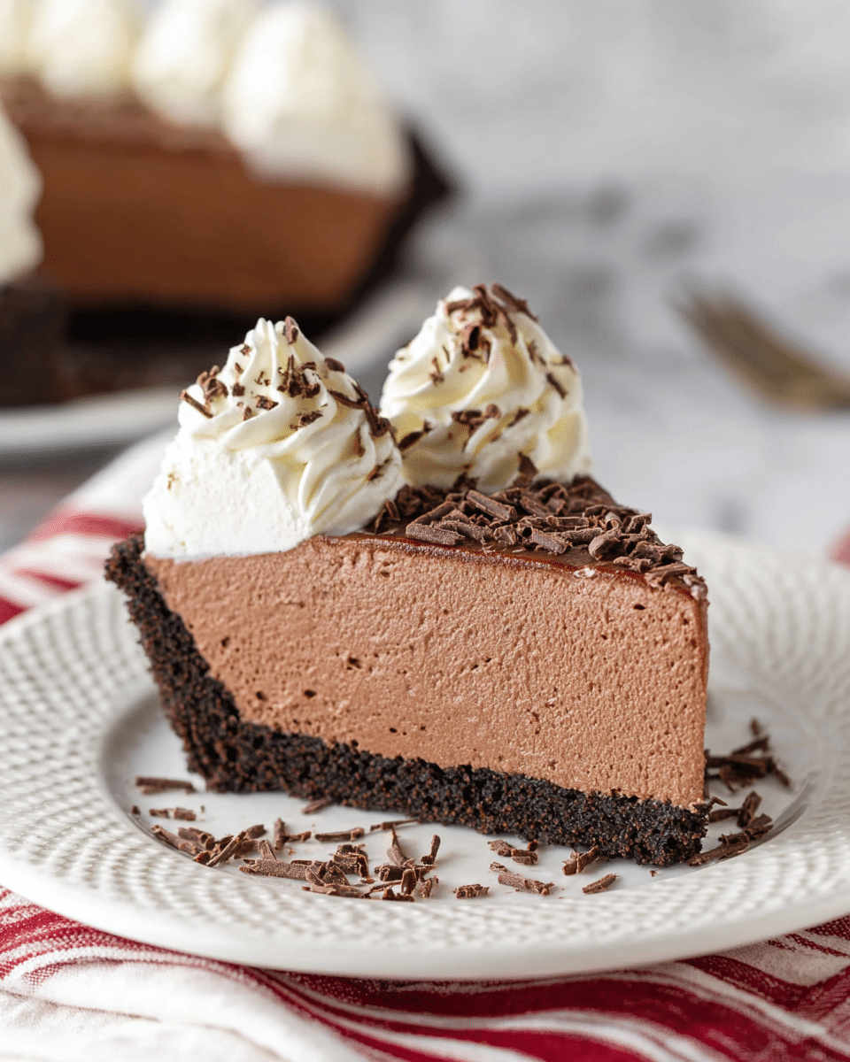 A single slice of chocolate mousse pie sits on a white plate with a textured edge, resting on a red and white striped cloth over a white marbled surface. The slice has two main layers: a thick, dark crumbly chocolate crust at the bottom, and a smooth, lighter brown chocolate mousse on top. The mousse is decorated with two large white swirls of whipped cream, sprinkled with thin, dark chocolate shavings. More chocolate shavings are scattered around the plate. In the background, a blurred view of the remaining pie topped with whipped cream is visible. Photo taken with an iphone --ar 4:5 --v 7