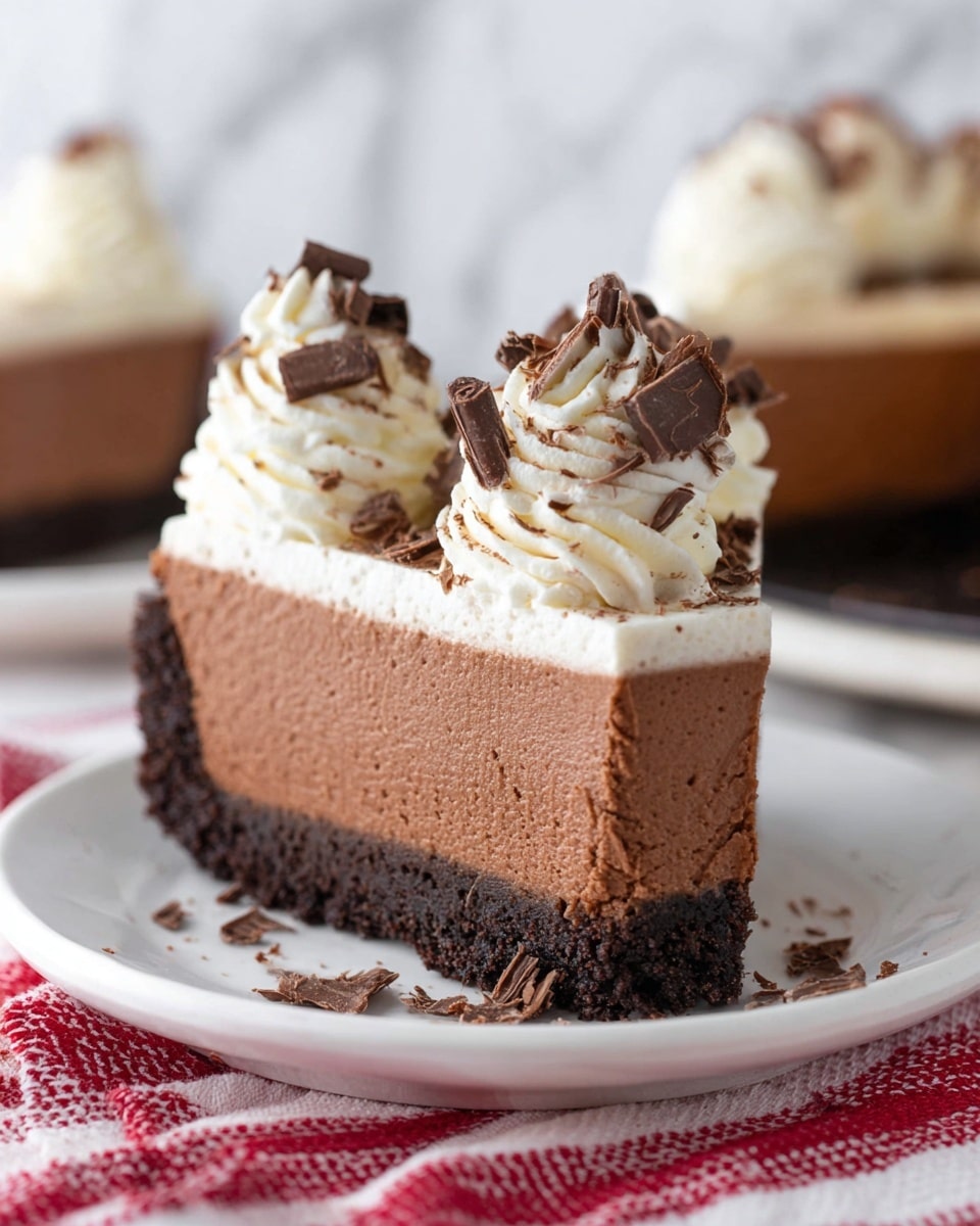 A close-up of a single slice of three-layer chocolate cheesecake on a white plate placed on a red and white striped cloth, set on a white marbled surface. The bottom layer is a dark, crumbly chocolate crust, the middle layer is a smooth, thick milk chocolate cheesecake, and the top layer has two swirls of white whipped cream decorated with thin dark chocolate shavings. The background shows another slice of the same cake, slightly out of focus. photo taken with an iphone --ar 4:5 --v 7