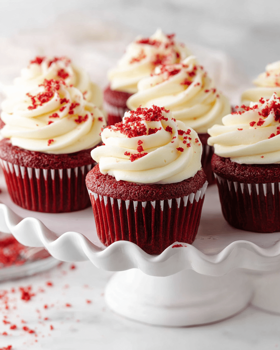 A group of red velvet cupcakes arranged on a white cake stand with a wavy edge, each cupcake having a deep red base with a smooth cream cheese frosting swirled on top. The frosting is white with a soft, creamy texture and is sprinkled with small red cake crumbs scattered around and on top. The cupcakes are displayed on a white marbled surface with some crumbs scattered loosely. The focus is on the cupcakes in the center, with a bright and clean background. photo taken with an iphone --ar 4:5 --v 7
