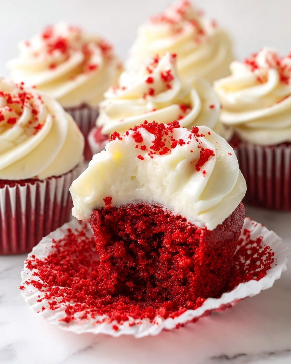 The image shows a close-up of five red velvet cupcakes with three layers visible: the bottom red cake layer is moist and crumbly, the middle white creamy frosting layer is thick and swirled on top, and the cupcakes are sprinkled with small red crumbs over the frosting. One cupcake is partially unwrapped from a red and white liner, revealing the red cake inside, which contrasts with the smooth white icing above. The cupcakes are set against a white marbled texture. photo taken with an iphone --ar 4:5 --v 7