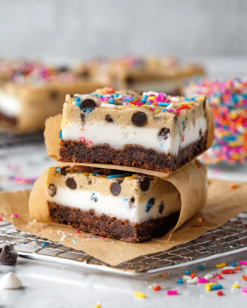 Two layered dessert bars wrapped in brown paper are shown on a white marbled surface. Each bar has three layers: a bottom dark brown, moist brownie layer with a rich texture, a middle thick smooth white marshmallow-like layer, and a top light tan cookie dough layer filled with small dark chocolate chips and colorful round sprinkles in red, blue, yellow, orange, pink, and white. The bars sit on a silver cooling rack, with some sprinkles scattered around on the surface. Photo taken with an iphone --ar 4:5 --v 7