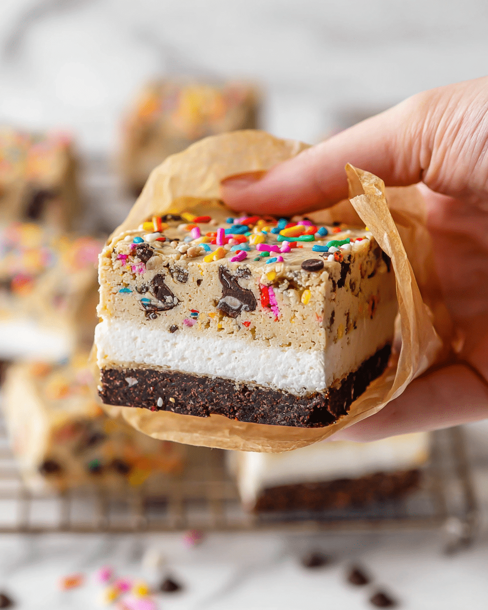 A thick, square dessert bar held by a woman's hand, partially wrapped in light brown paper. The top layer is a beige cookie dough texture speckled with colorful tiny sprinkles and dark chocolate chips. Below the top layer, there is a smooth, white marshmallow layer, and the bottom layer is dark brown, resembling a fudgy brownie base. The background is a white marbled texture, with some blurred dessert bars and a metal cooling rack visible. photo taken with an iphone --ar 4:5 --v 7