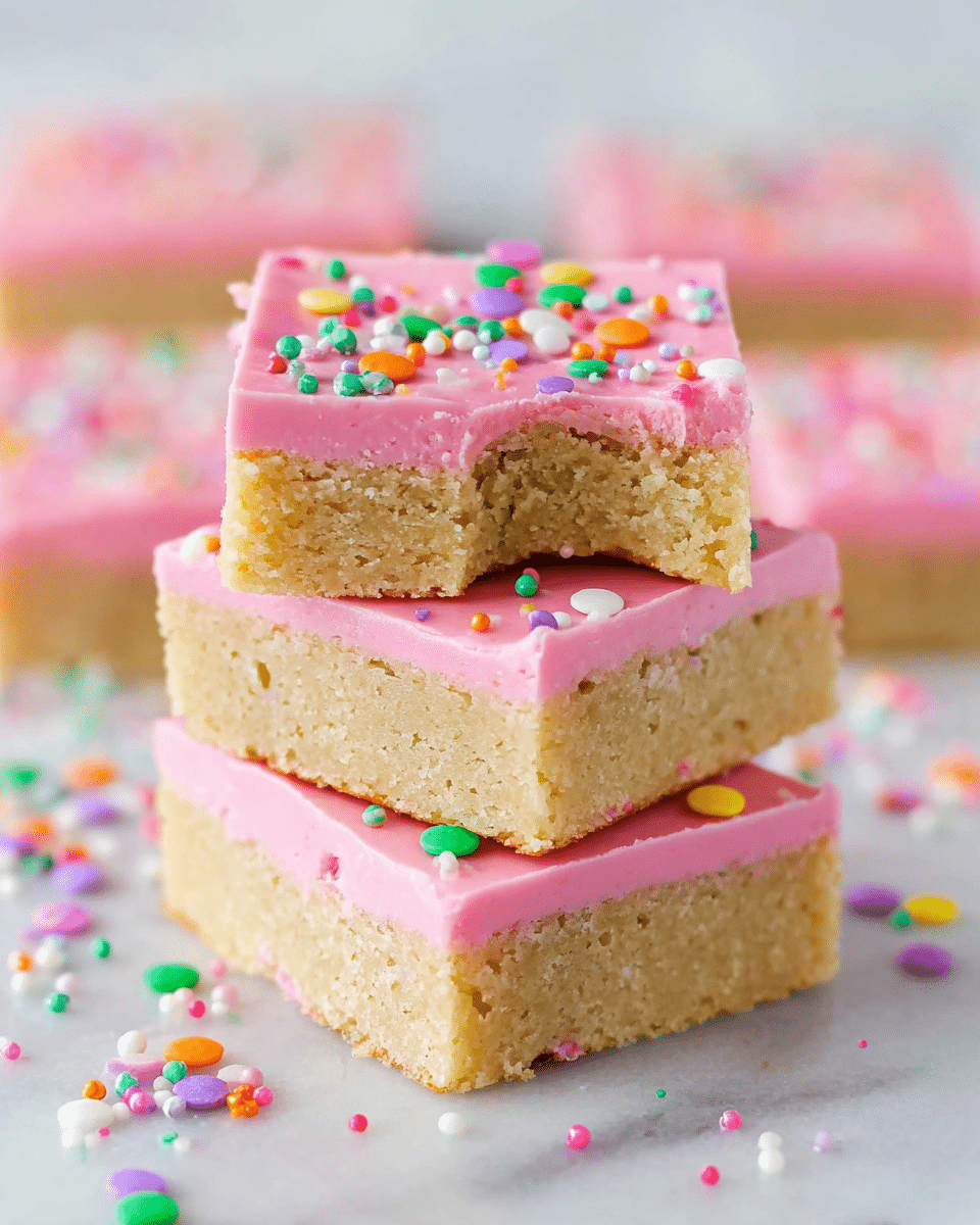 A stack of four square blondie bars is shown on a white marbled surface. Each blondie has two layers: a thick, dense light golden base with a soft and slightly crumbly texture, topped by a smooth, thick layer of bright pink frosting. The pink frosting is decorated with small, round, flat confetti sprinkles in different colors such as green, orange, purple, blue, white, and yellow. The top blondie bar has a bite taken from one corner, showing the soft inside of the blondie layer. Scattered multicolored sprinkles surround the stack on the surface. In the blurred background, more similar square bars can be seen. photo taken with an iphone --ar 4:5 --v 7