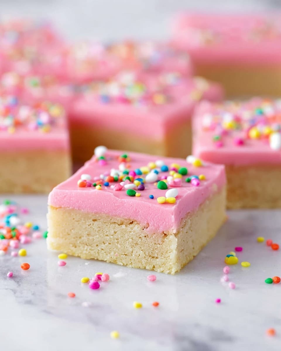 The image shows square-shaped bars with two distinct layers: the bottom layer is a thick, light beige soft cookie base with a slightly crumbly texture, and the top layer is a smooth, thick coating of bright pink frosting. Each pink frosted square is decorated with small, round, colorful confetti sprinkles scattered unevenly on top. The bars are arranged partially close to each other on a white marbled surface, with some colorful sprinkles scattered around. The background is softly blurred, highlighting the nearest bar clearly. photo taken with an iphone --ar 4:5 --v 7