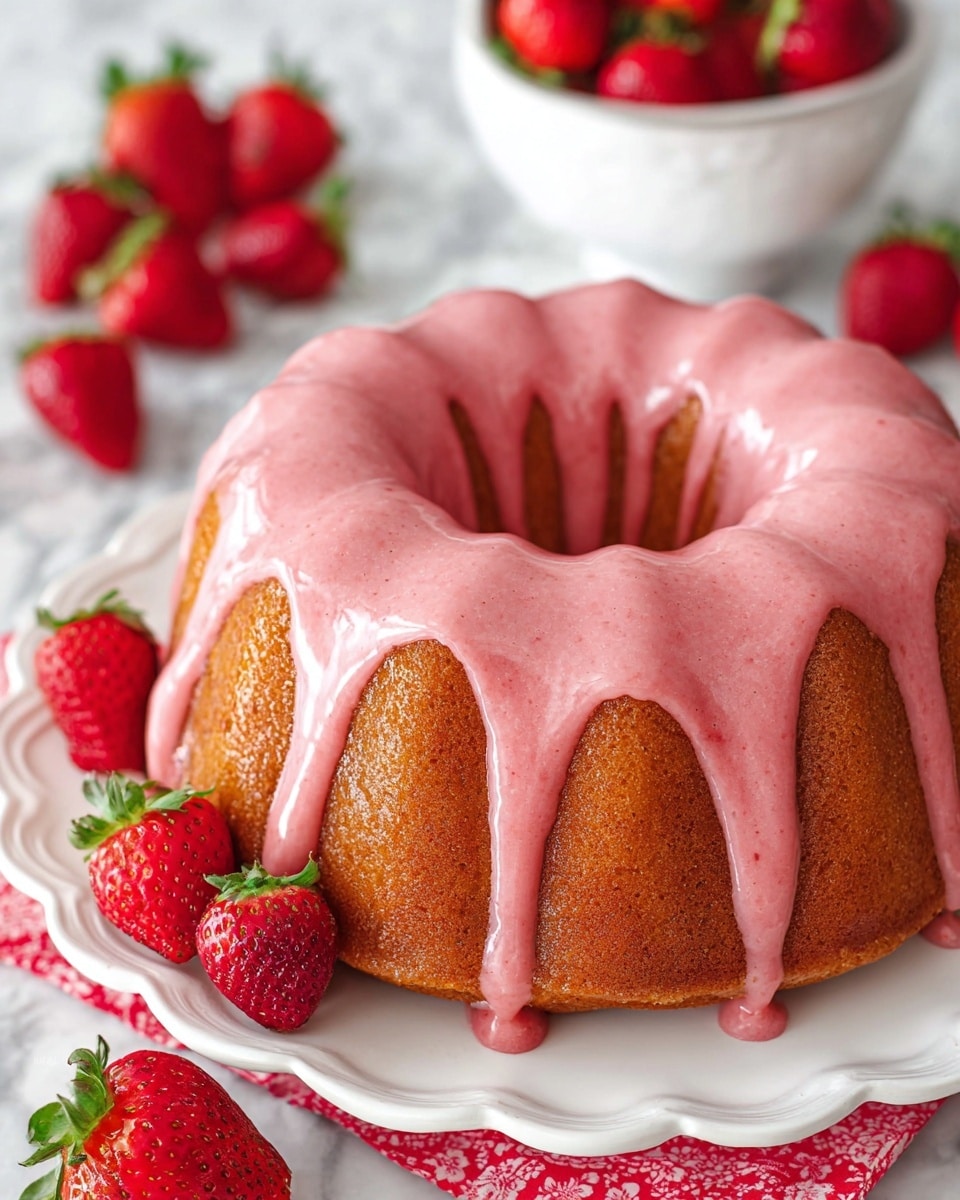 A single large bundt cake with a golden-brown texture sits on a white scalloped-edge plate; the cake is covered with a thick, glossy pink glaze that drips over the sides in uneven strips, filling the grooves of the bundt shape. Around the plate, there are fresh whole and halved strawberries with bright red color and green leaves, and a white bowl filled with more strawberries is blurred in the background, all placed on a white marbled surface with a red and white cloth underneath. The photo taken with an iphone --ar 4:5 --v 7