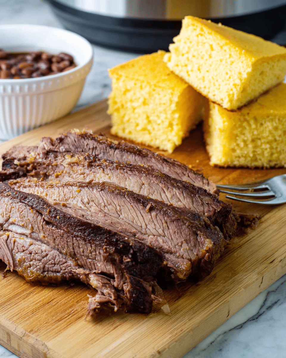 The image shows several thick, juicy slices of cooked beef brisket with a browned, slightly crispy outer layer and a tender, fibrous inner texture, placed on a light wooden cutting board. Behind the meat, there are three pieces of bright yellow cornbread stacked in a small pile, showing a soft and crumbly texture. To the right side, there is a white bowl with dark brown baked beans, partially visible. A metal fork is resting near the cornbread and meat, and the entire scene is set on a white marbled surface. Photo taken with an iphone --ar 4:5 --v 7
