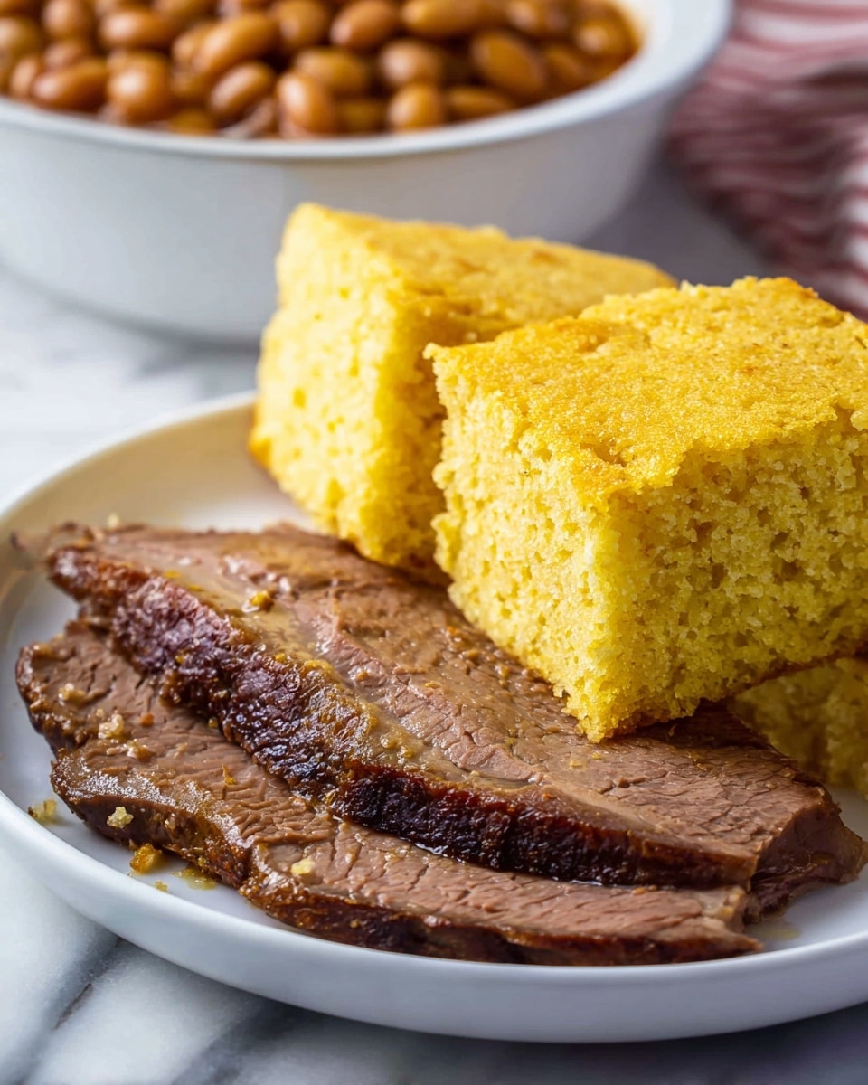 The dish shows two thick, square pieces of golden yellow cornbread with a soft and crumbly texture placed at the top center of a white plate. Below the cornbread are three slices of brown, juicy, and tender beef brisket with a slight sheen and visible grain lines, laid out overlapping at the bottom half of the plate. The plate sits on a white marbled surface, and in the background, there is a blurred white bowl filled with baked beans that have a rich, brown color. Photo taken with an iphone --ar 4:5 --v 7