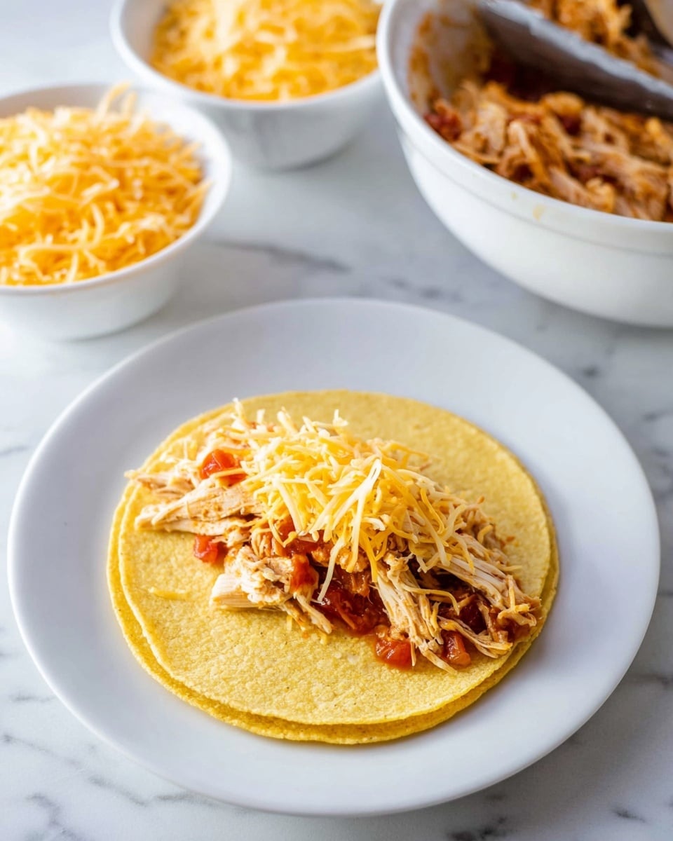 A white plate holds two stacked yellow corn tortillas, topped by shredded chicken mixed with small pieces of red tomato, and then a sprinkling of shredded yellow cheddar cheese on top, arranged in a rough line down the center of the tortillas. Behind the plate, on a white marbled surface, there is a white bowl filled with more shredded chicken and tomato mix, with silver tongs resting inside, and another white bowl filled with shredded cheddar cheese. Photo taken with an iphone --ar 4:5 --v 7