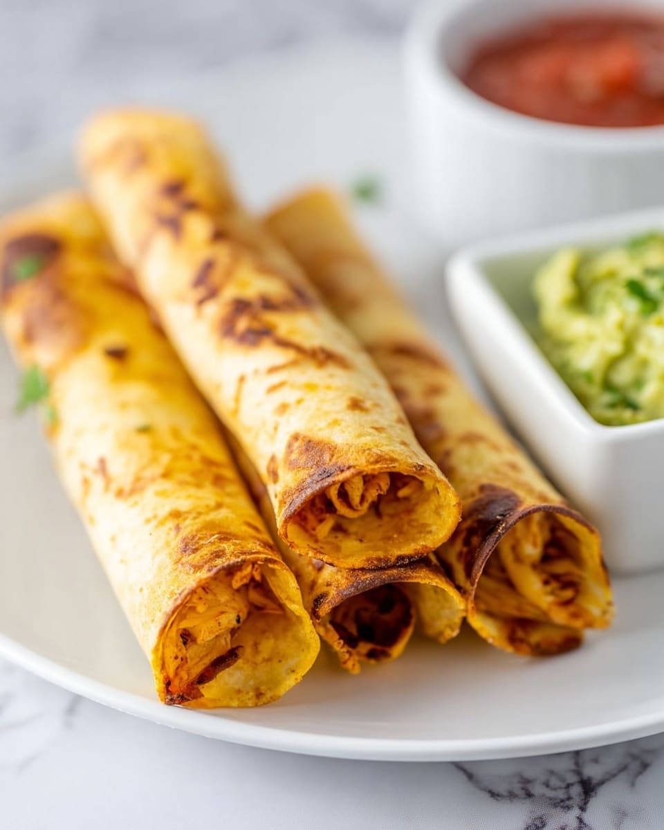 Three rolled golden-yellow taquitos with crispy edges are placed close together on a white plate. Each taquito has a slightly rough texture with char marks and visible filling peeking out, showing a light brown grilled chicken inside. To the right side of the plate, a white square bowl holds creamy green guacamole with a smooth, chunky texture, and a blurred white round container of red salsa is visible in the background. The scene is set on a white marbled surface. photo taken with an iphone --ar 4:5 --v 7