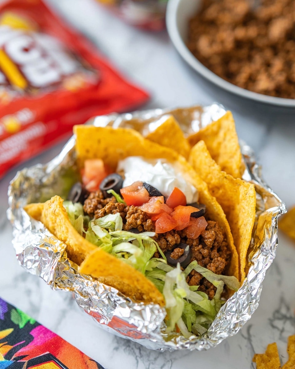 A foil-wrapped taco is open to show four main layers: at the bottom is shredded green lettuce, followed by a layer of cooked brown ground meat mixed with small pieces of red tomato and black olive slices. On top of the meat is a dollop of white sour cream, and around the edges inside the foil are bright yellow, crispy taco chips. The taco is placed on a white marbled surface with a colorful cloth underneath and part of a red taco chip bag visible nearby, with a bowl of more cooked ground meat blurred in the background. Photo taken with an iphone --ar 4:5 --v 7