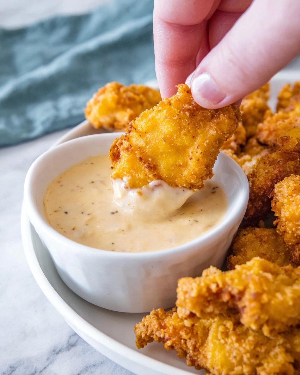 A close-up image shows a crispy, golden-brown fried chicken strip held by a woman's hand dipping into a small white bowl filled with creamy, light beige sauce with visible specks of seasoning. The bowl sits on a white plate surrounded by more golden fried chicken pieces. The background has a soft blue cloth and a white marbled surface. The textures emphasize the crunchy coating of the chicken and the smooth, thick sauce. photo taken with an iphone --ar 4:5 --v 7