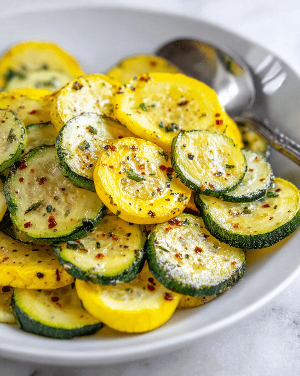 A close-up of a white plate filled with two layers of cooked yellow and green zucchini slices. The zucchini rounds are slightly browned and seasoned with small black and red spices scattered on top. The slices are thick and stacked casually in the plate. A shiny metal spoon is partly visible in the background, resting against the plate’s edge. The entire scene is set on a white marbled textured surface. Photo taken with an iphone --ar 4:5 --v 7