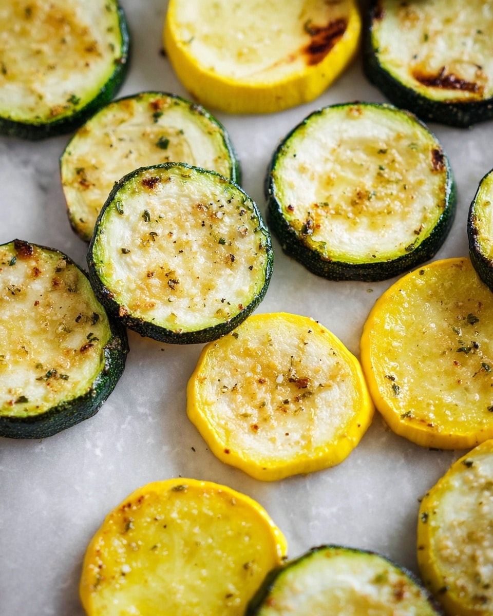 The image shows several slices of grilled zucchini and yellow squash arranged closely on a white marbled textured surface. Each slice is about one layer thick, showing a light green or yellow interior with slightly browned, tender edges and scattered seasoning bits on top. The outer skin of the zucchini is dark green, while the yellow squash has a bright yellow skin, both adding contrast to the soft cooked centers. The slices appear moist with a slight gloss, and some have crispy spots that add texture. photo taken with an iphone --ar 4:5 --v 7