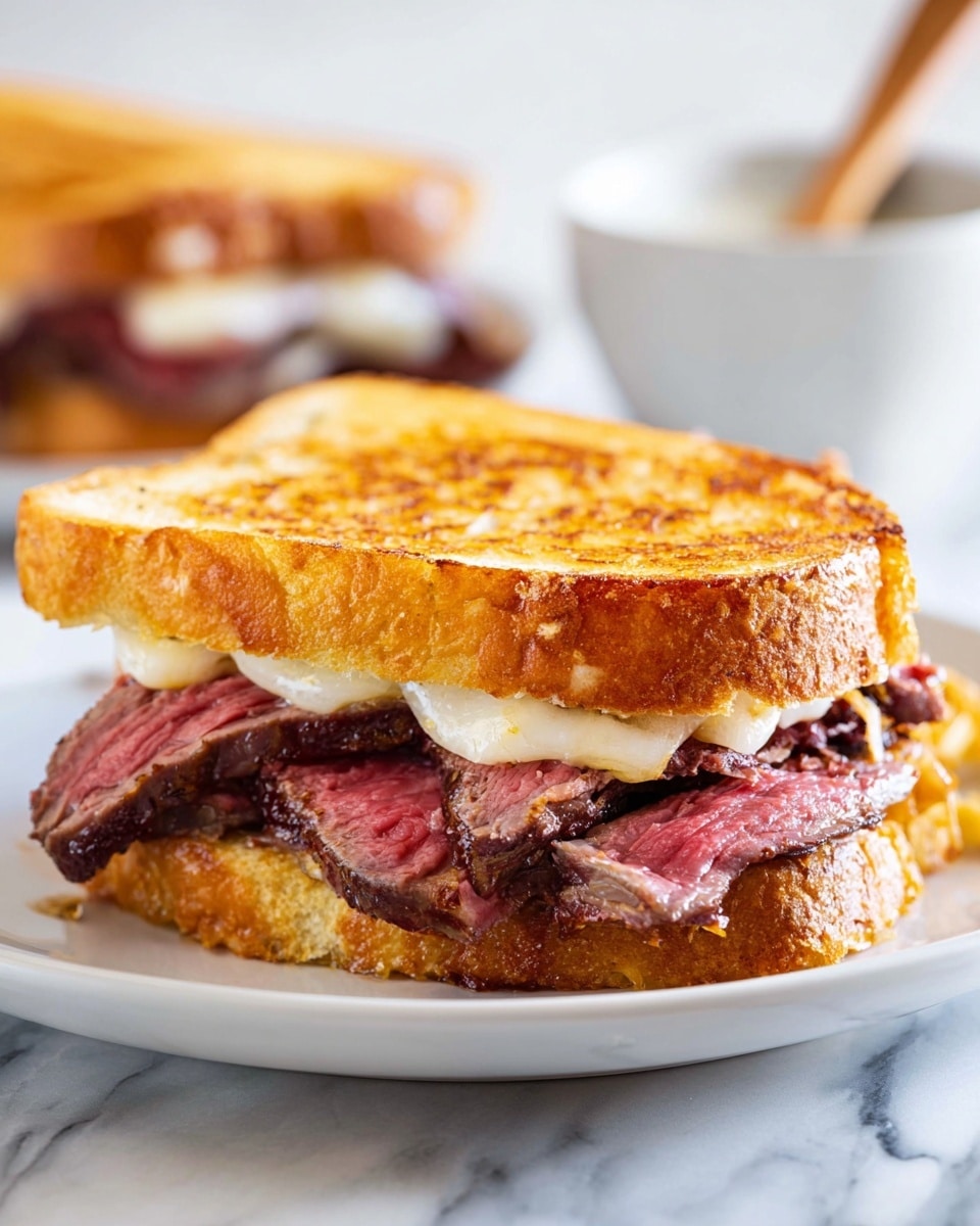 A close-up of a sandwich with two thick slices of golden toasted bread showing a crispy, crunchy texture on the outside, with a layer of melted white cheese just beneath the top slice. Below the cheese is a thick layer of medium rare thinly sliced steak, pink and juicy inside with some browned edges. The sandwich is placed on a white plate against a background of a white marbled texture. In the background, slightly blurred, is a white bowl with a wooden spoon inside. Photo taken with an iphone --ar 4:5 --v 7