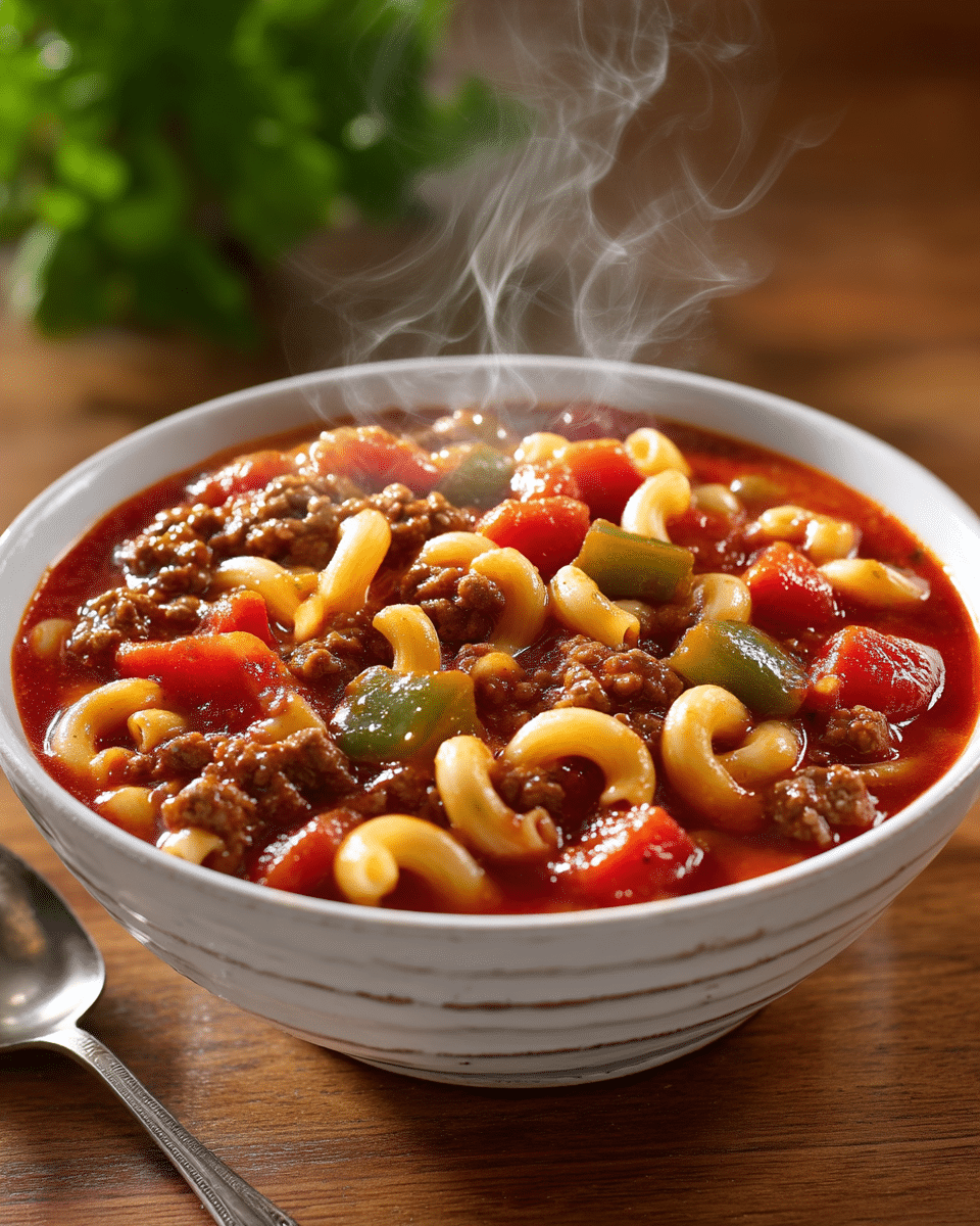 A white bowl filled with a thick stew that has three main layers: a glossy red tomato broth with chunks of bright red tomatoes and soft green bell peppers mixed in, a layer of tender, curved creamy yellow macaroni noodles, and a rich layer of browned ground beef scattered evenly throughout. Steam gently rises from the bowl, showing it is hot. The bowl is set on a wooden table, with a silver spoon nearby and some green herbs blurred in the background. Photo taken with an iphone --ar 4:5 --v 7