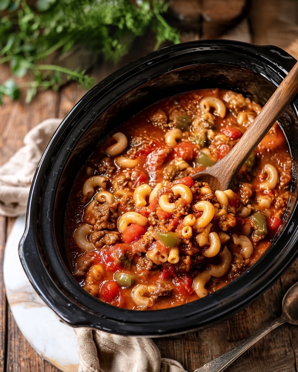A black slow cooker is filled with a thick stew featuring golden beige elbow macaroni pasta, browned ground beef, and chunks of red tomatoes and green bell peppers, all mixed in a rich, reddish-brown sauce with a glossy texture. A wooden spoon with a smooth grain pattern is scooping some of the stew from the right edge of the slow cooker. The slow cooker sits on a rustic wooden surface, with a beige cloth partially visible beneath it and a tarnished silver spoon lying nearby. The background displays blurred leafy green plants, while the whole setup rests on a white marbled texture. photo taken with an iphone --ar 4:5 --v 7