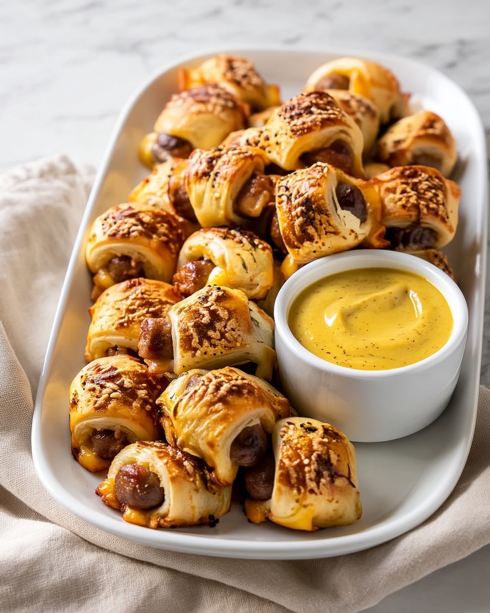 A white, oval plate full of small golden brown sausage rolls with a shiny, flaky crust sprinkled with black pepper and sesame seeds, each roll showing a small brown sausage center wrapped in puffy layers of pastry. On the side of the plate, a small white round bowl filled with smooth, creamy mustard sauce that is yellow with a slightly grainy texture. The plate and bowl rest on a white marbled surface, with a beige cloth softly folded nearby. photo taken with an iphone --ar 4:5 --v 7