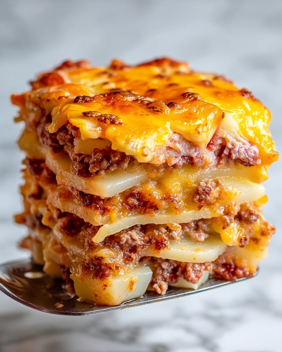 A close-up view of a square piece of layered casserole held by a spatula, showing six layers stacked tightly. The top layer has melted, browned orange-yellow cheese with bubbly, crispy spots. Below the cheese are alternating layers of light tan slices of cooked potatoes and crumbled cooked ground beef, which has a reddish-brown color with a moist texture. The layers are dense and slightly uneven, giving a homemade look. The background has a white marbled texture. photo taken with an iphone --ar 4:5 --v 7