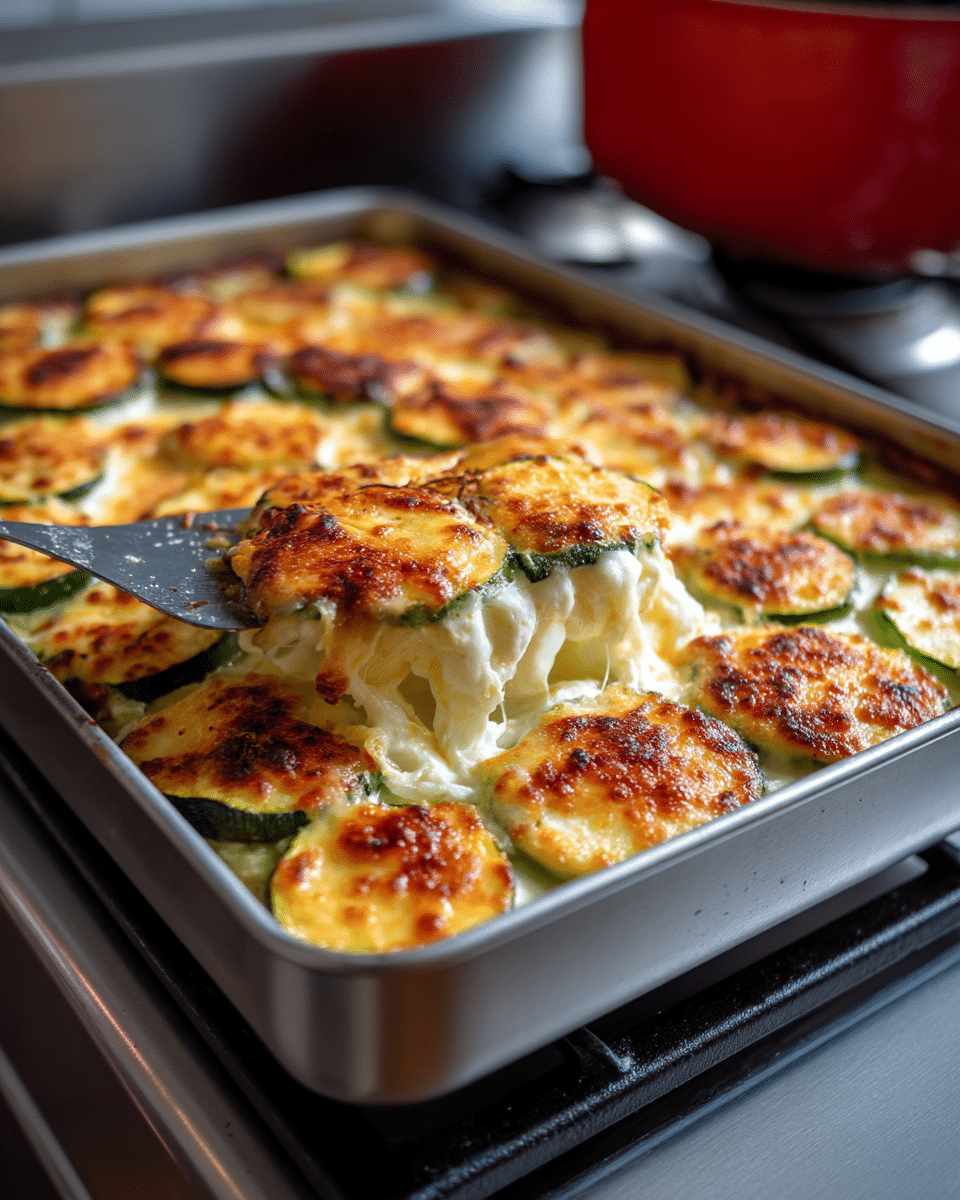 A metal baking pan filled with a baked zucchini gratin dish placed on a stovetop burner, filled with multiple layers of thinly sliced round zucchini pieces at the bottom, covered by a thick layer of melted and browned cheese topping that is golden and slightly crispy with some darker spots, a metal spatula is scooping a portion out showing the layers underneath with creamy white cheese melting between the green zucchini slices, the background includes the stovetop and a red pot in the corner, photo taken with an iphone --ar 4:5 --v 7