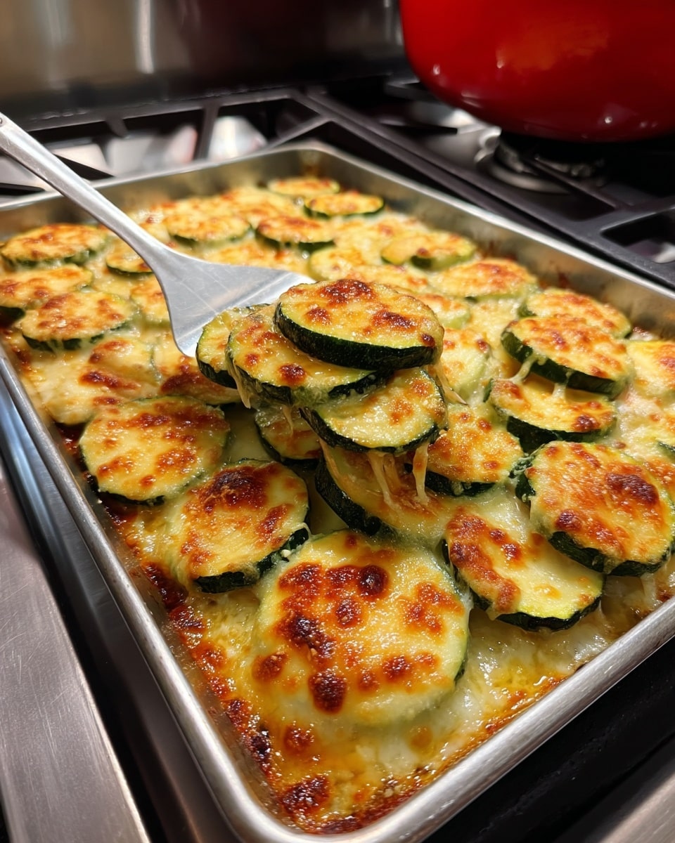 A metal baking tray filled with cooked zucchini slices arranged in multiple layers, each slice coated with melted cheese that has browned and bubbled on top, creating a golden, crispy crust with some darker spots. A metal spatula lifts a portion from the corner, showing the zucchini slices stacked beneath the cheesy top layer, with the green edges of the zucchini visible around the creamy, slightly browned melted cheese. The tray rests on a stovetop with shiny metal surrounds, and a red pot is seen on another burner. photo taken with an iphone --ar 4:5 --v 7