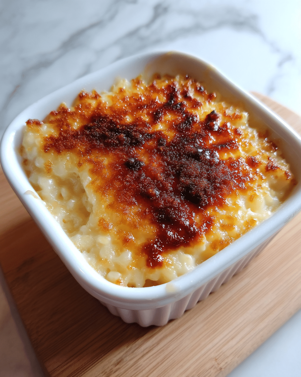 A small white square ceramic dish filled with a creamy rice pudding topped with a thin golden brown crust, showing a soft and moist texture underneath; the browned top layer has an uneven, slightly bubbly surface with darker caramelized spots, while the rice layer beneath looks smooth and richly cooked with a pale, off-white color. The dish is placed on a wooden surface with a white marbled texture in the background. photo taken with an iphone --ar 4:5 --v 7
