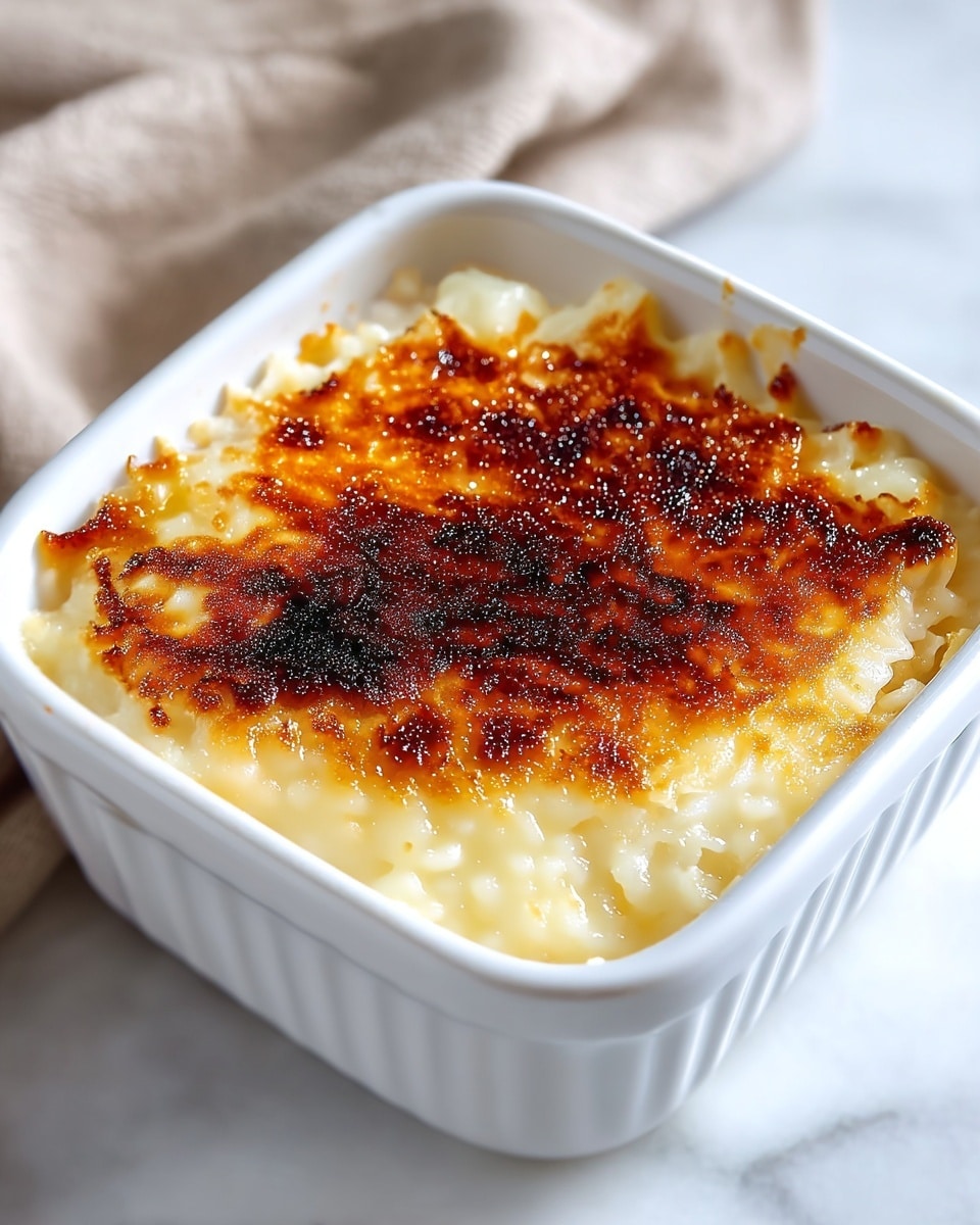 A square white ceramic dish filled with creamy rice pudding showing two visible layers: the bottom layer is thick and smooth white rice pudding with a soft texture, while the top layer is a golden-brown caramelized crust with a slightly rough texture and darker burnt spots, covering the surface evenly. The dish is placed on a white marbled background with a beige cloth partially visible in the upper left corner. photo taken with an iphone --ar 4:5 --v 7