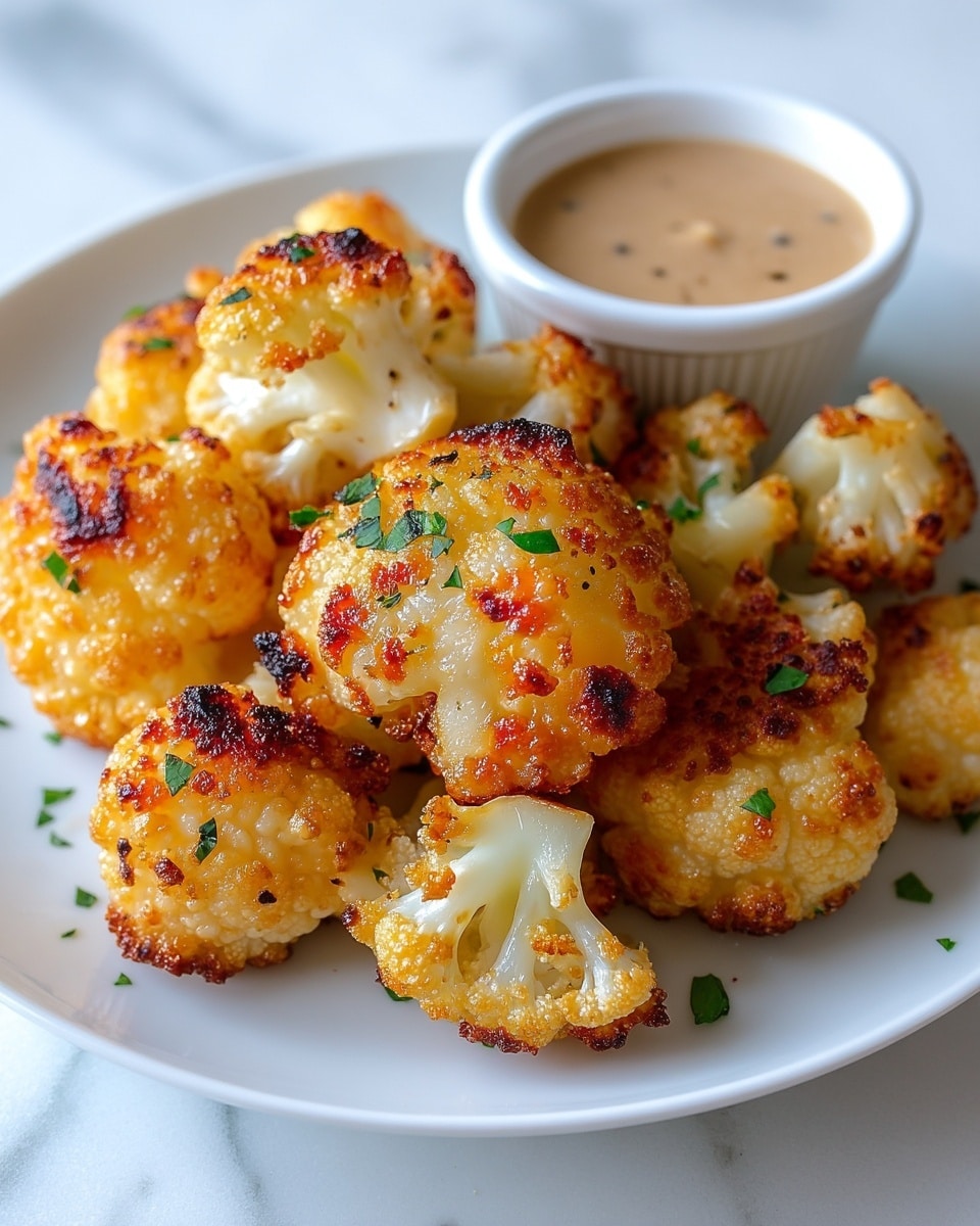 A white plate is filled with several pieces of golden-brown roasted cauliflower, each piece showing a crispy, slightly charred texture with small green herb bits sprinkled on top. The cauliflower pieces are piled in a small mound, showing the creamy white interior of some pieces contrasted with the browned, crunchy outer edges. To the back right of the plate, there is a small white ramekin filled with a light brown creamy dipping sauce that looks smooth with tiny pepper specks. The whole scene sits on a white marbled surface, with soft natural lighting highlighting the colors and textures. Photo taken with an iphone --ar 4:5 --v 7