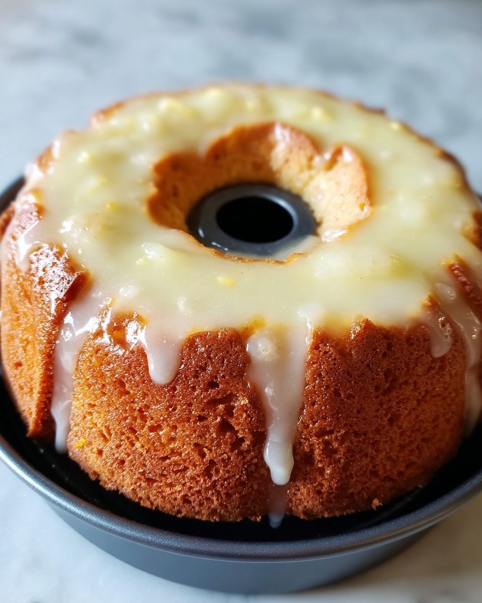 The image shows a close-up of a bundt cake with three visible layers. The bottom layer is golden brown with a slightly rough texture typical of baked cake. Above that is a creamy, pale yellow glaze that looks smooth and shiny, spreading evenly around the cake. The top layer is a light golden crust with some spots where the glaze pools, adding a glossy finish. The cake sits inside a dark-colored bundt pan, and the center hole shows the pan's metal surface. The photo is taken on a white marbled textured surface. photo taken with an iphone --ar 4:5 --v 7
