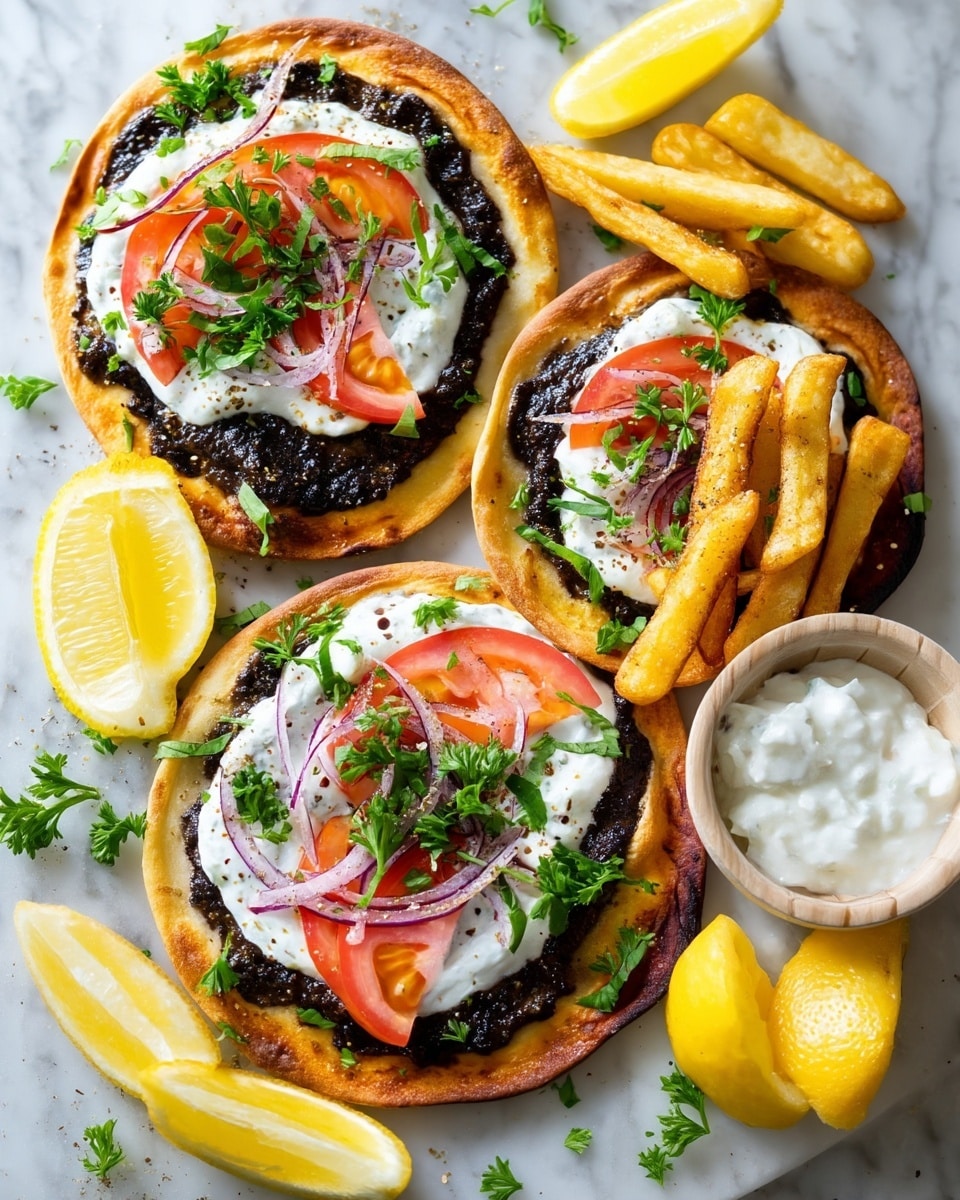 Three small round flatbreads with golden brown, slightly crispy edges sit on a white marbled surface. Each flatbread has a bottom layer of dark black olive tapenade spread evenly close to the edges. The next layer is a spread of creamy white yogurt sauce, topped with thin slices of red tomato and thin rings of light purple onion. Fresh bright green parsley is scattered on top, adding a fresh look. Thick golden yellow French fries with a faint sprinkle of seasoning rest on the upper half of each flatbread. On the side, two lemon wedges with a bright yellow color and a white bowl with white sauce are visible. Photo taken with an iphone --ar 4:5 --v 7