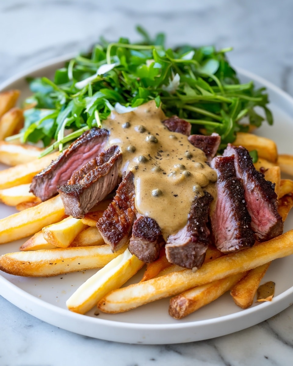 The dish shows a white plate with a layer of golden-brown fries at the bottom, slightly crispy with some darker edges. On top of the fries are several thick slices of grilled steak, showing a dark seared outside and a juicy pink inside. A creamy beige peppercorn sauce with visible green peppercorns is poured over the steak and fries, spreading slightly on the plate. Behind the steak is a small pile of fresh green arugula leaves, adding a bright leafy texture to the dish. The plate rests on a white marbled surface. Photo taken with an iphone --ar 4:5 --v 7