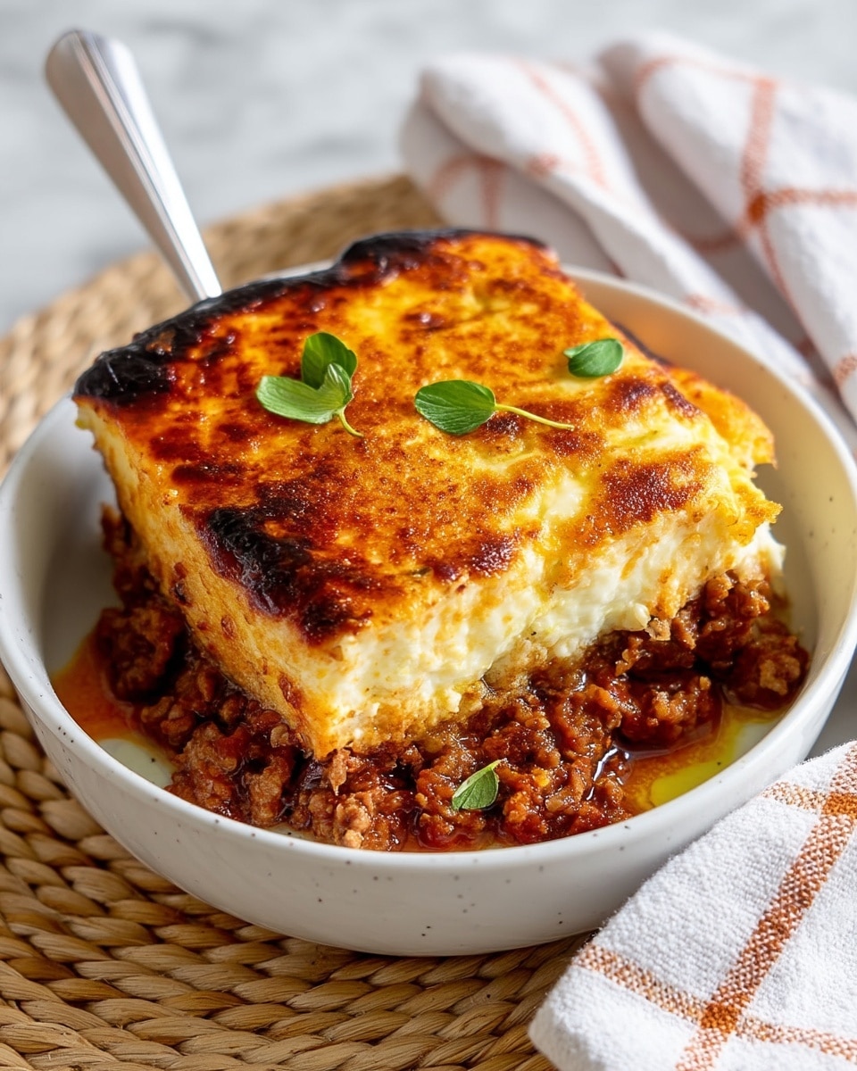 The dish shows two thick layers of a baked casserole in a white bowl, placed on a white marbled surface with a woven mat underneath. The bottom layer is a chunky, browned meat mixture with bits of tomato sauce and ground meat, dark red and brown in color. The top layer is a golden, slightly burnt cheesy or creamy topping, bubbly and browned unevenly with patches of black crust. There are a few small green herb leaves scattered on the top and side for garnish. A silver spoon rests inside the bowl, slightly behind the food, and a folded white cloth with orange stripes is visible on the right edge. Photo taken with an iphone --ar 4:5 --v 7