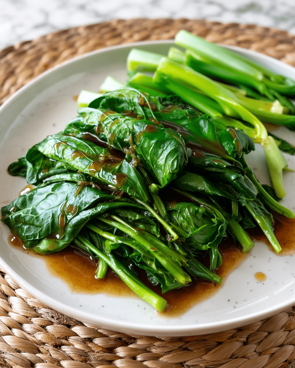 The dish shows steamed green vegetables placed in a shallow white plate. There are two layers: the bottom layer has long and thick light green stems, while the top layer has dark green leafy parts that look soft and wet. There is a glossy brown sauce spread unevenly over the vegetables. The plate is resting on a woven rope surface with a pair of beige chopsticks on the right side. photo taken with an iphone --ar 4:5 --v 7
