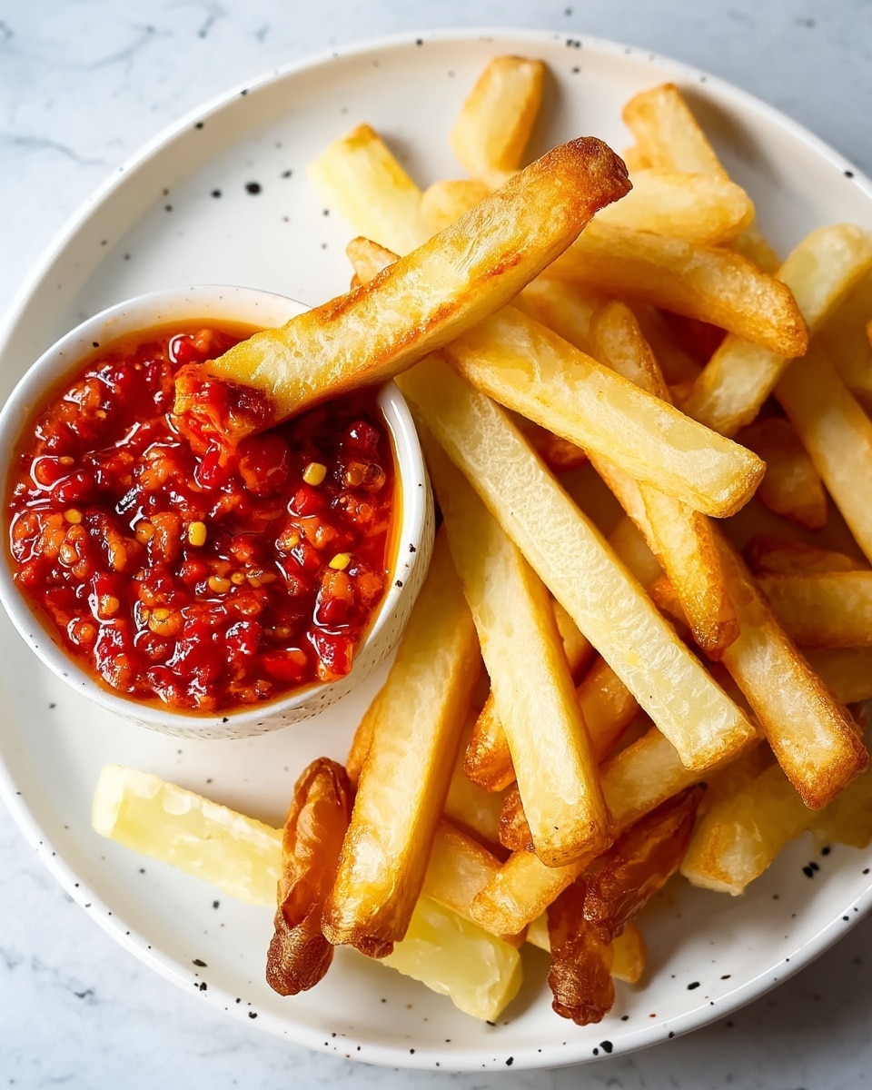 A close-up view of thick golden fries arranged on a white speckled plate, with one fry dipped halfway into a small white bowl filled with chunky red chili sauce made of bits of red peppers and seeds in a smooth liquid. The fries are crispy with a slight browning on the edges, and the chili sauce looks thick and textured with bright red and orange hues. The plate rests on a white marbled surface. photo taken with an iphone --ar 4:5 --v 7