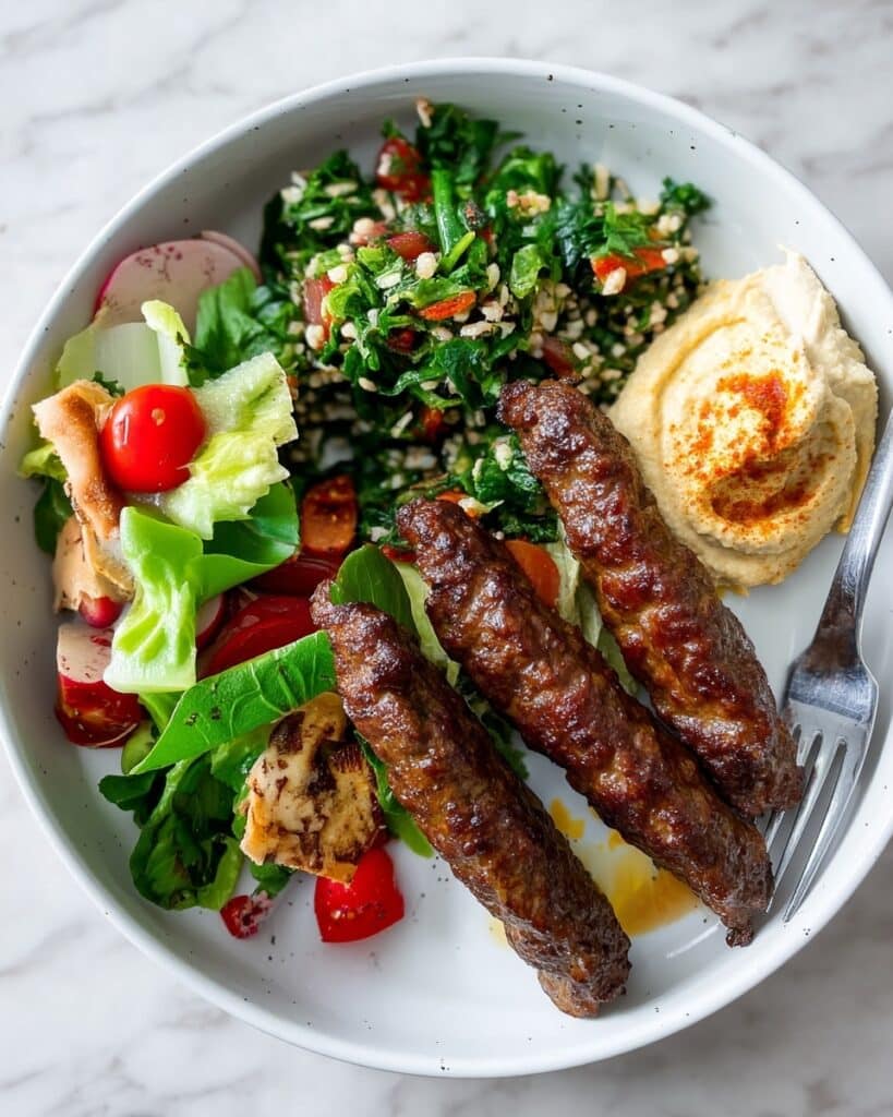 Lamb Kofta with Fattoush Salad and Hummus Recipe