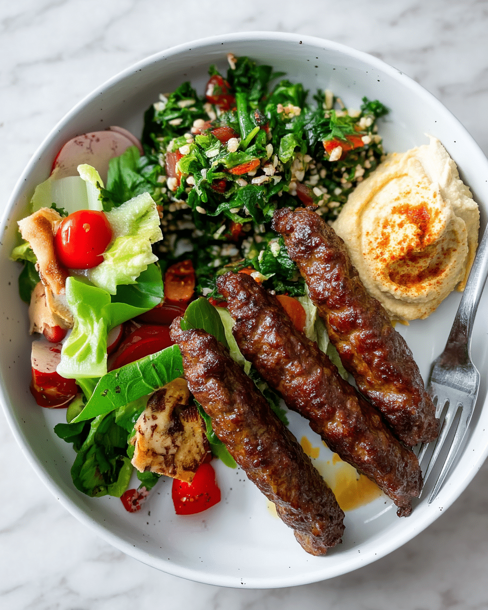 A white round plate is filled with a colorful meal, placed on a white marbled texture. On the plate, there are two dark brown grilled meat skewers lying diagonally with a shiny glaze from the juices. To the right of the skewers, there is a creamy pale beige scoop of hummus with a smooth texture and a small sprinkle of paprika on top. At the top of the plate, a fresh green tabbouleh salad with finely chopped parsley, red diced tomatoes, and white bits of bulgur wheat is placed. On the left side, there is a mixed green salad with darker green romaine leaves, bright red cherry tomato halves, slices of red radish, and small pieces of grilled beige chicken. A silver fork rests on the right edge of the plate. Photo taken with an iphone --ar 4:5 --v 7