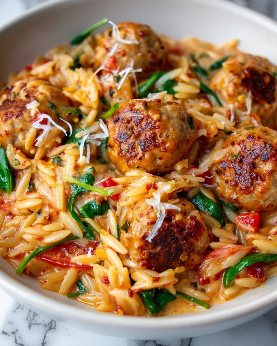 The image shows a close-up of a dish with several golden-brown meatballs mixed with orzo pasta in a creamy, orange-tinted sauce. The orzo is soft and coated in the sauce, with visible small pieces of red tomato and green spinach leaves scattered throughout. The meatballs are round and textured, some topped with light shreds of cheese. The colors are warm and inviting, ranging from light orange to reddish and green accents. The background is a white marbled texture. photo taken with an iphone --ar 4:5 --v 7