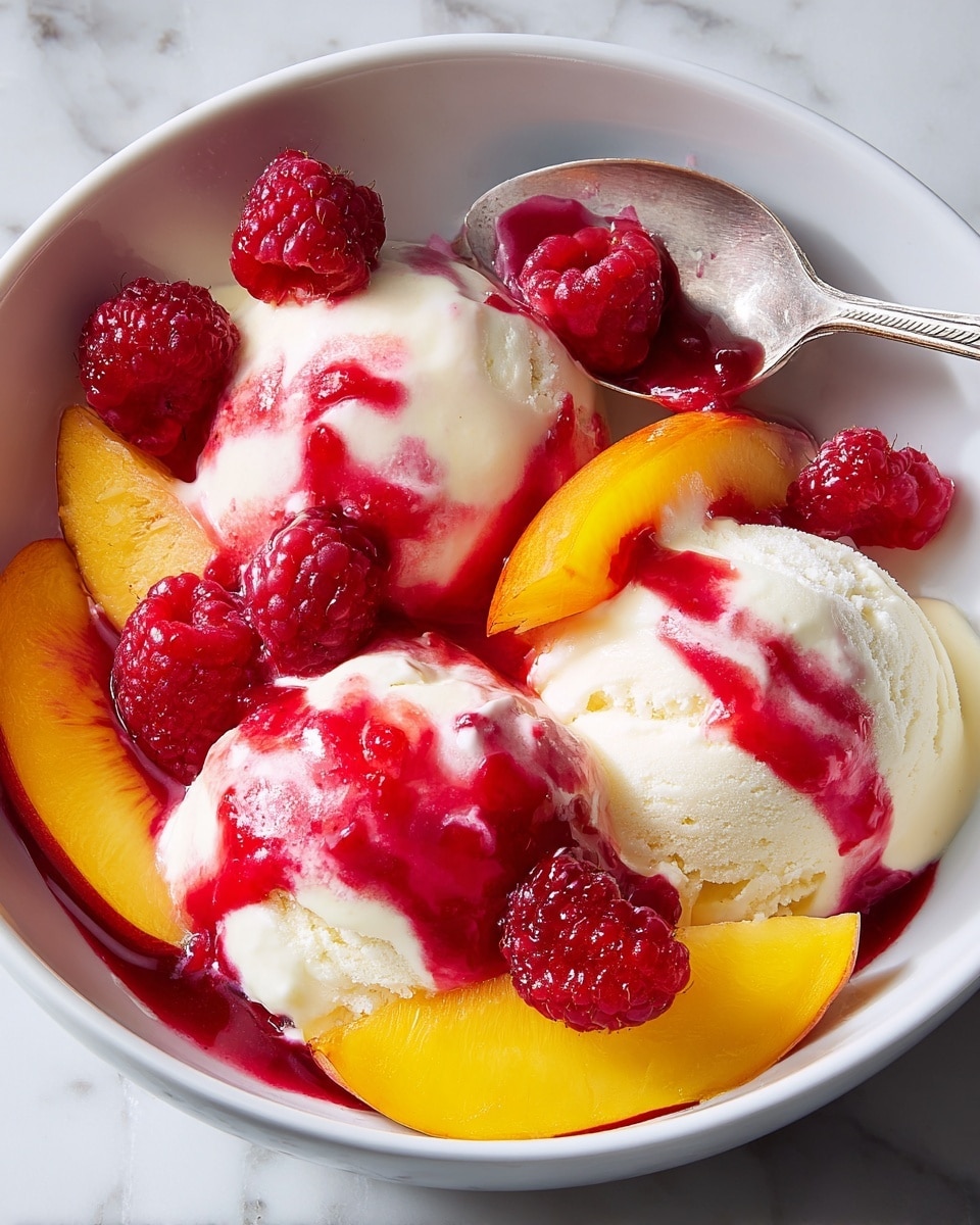 A white bowl filled with three scoops of creamy white ice cream at the bottom layer, topped with bright yellow peach slices scattered around and on top of the ice cream. Vivid red raspberry sauce is drizzled generously over the ice cream and fruit, creating a strong contrast. Fresh red raspberries are placed on top of the sauce and near the edges of the bowl. A silver spoon is scooping one ice cream scoop covered partly in sauce. The bowl is placed on a white marbled surface. photo taken with an iphone --ar 4:5 --v 7