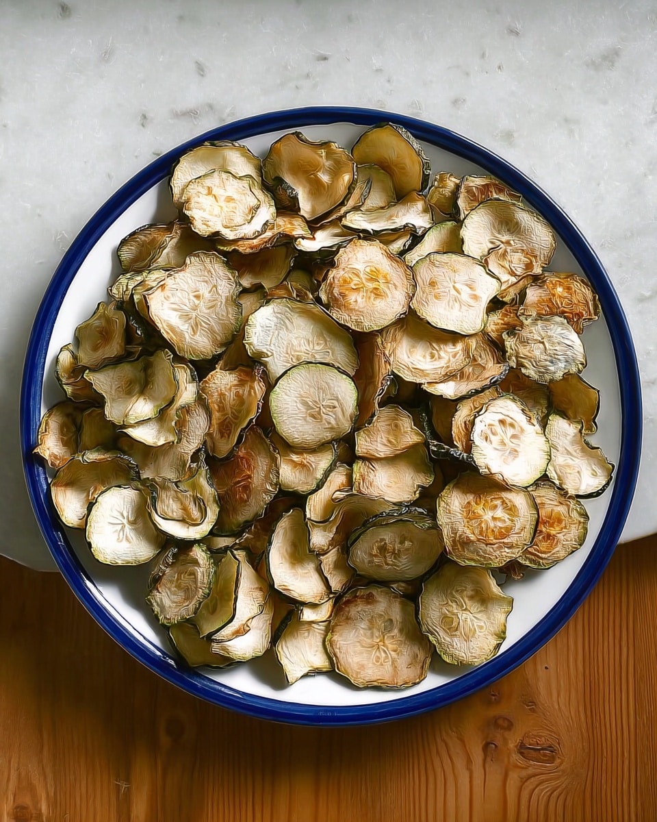 A white plate with a blue rim packed full of thin, crispy slices of dried zucchini. Each slice varies in color from pale beige to light brown, with a dried texture that shows fine veins and slightly curled edges. The zucchini chips are layered loosely, covering the whole plate in a natural, uneven heap on top of a white marbled surface. photo taken with an iphone --ar 4:5 --v 7