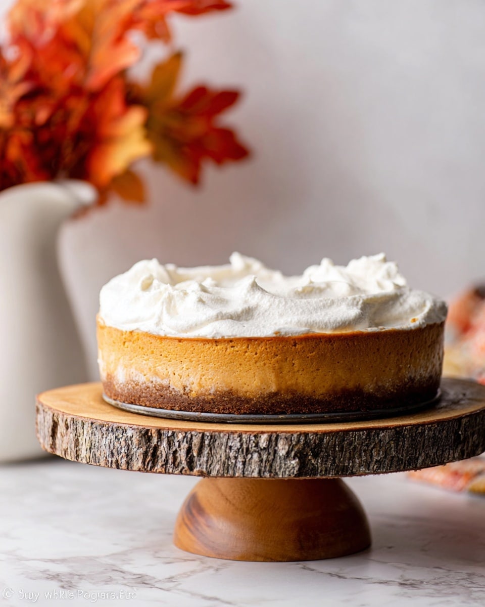 A round dessert with three visible layers stands on a wooden cake stand with a natural bark edge. The bottom layer is a dark brown, crumbly crust. Above it is a thick, smooth, orange-brown middle layer that looks like pumpkin or cheesecake filling. The top layer is a fluffy, white whipped cream spread unevenly with soft peaks. In the background, blurred orange and red leaves in a white pitcher add a warm, autumn feel. The surface below is a white marbled texture. photo taken with an iphone --ar 4:5 --v 7