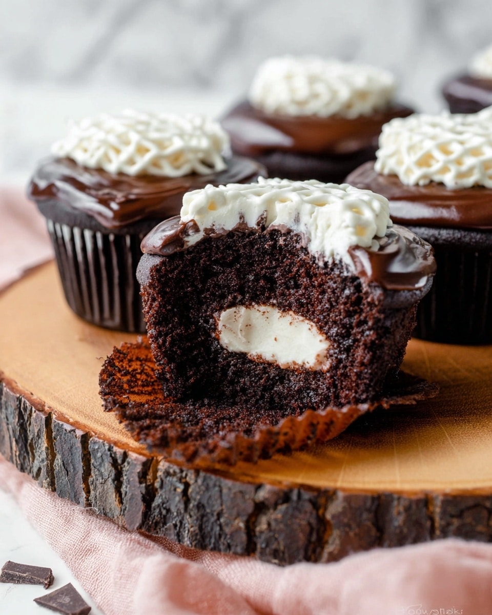 The image shows a close-up of four chocolate cupcakes placed on a round wooden stand with tree bark edges. Each cupcake has three visible layers: a dark, moist chocolate cake base, a thick layer of dark chocolate ganache on top, and white cream cheese frosting piped in a football lace pattern on the ganache. One cupcake at the front is bitten into, revealing the dark chocolate cake surrounding a creamy white filling inside. The background is a white marbled texture with a slightly blurry soft pink cloth visible at the bottom. photo taken with an iphone --ar 4:5 --v 7