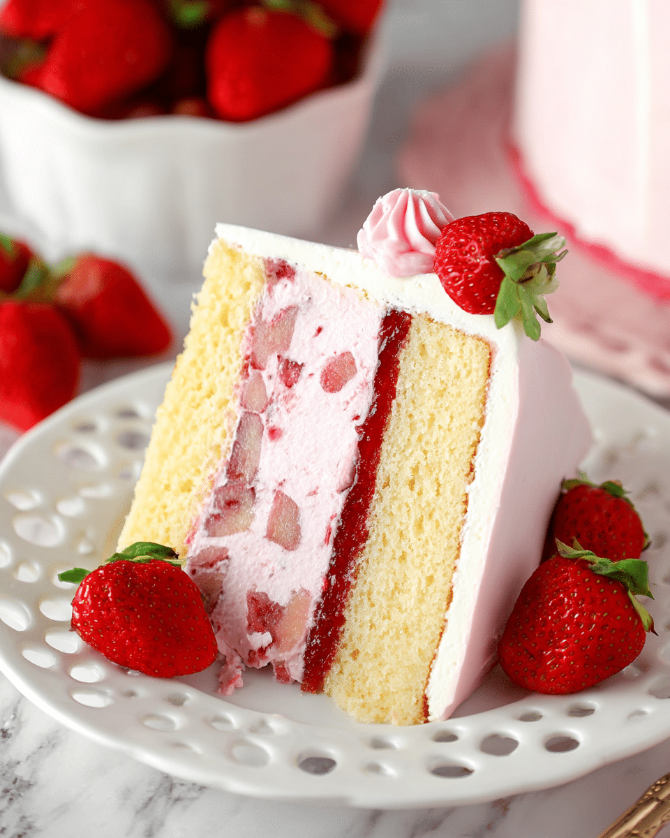 A close-up of a slice of cake on a white plate with round cut-out designs. The cake has four layers: the bottom layer is a light yellow sponge, above it is a thin layer of red strawberry jam, then a thick layer of light pink strawberry mousse with strawberry pieces inside, and the top is covered with white cream. The cake slice is decorated on top with a small swirl of pink frosting and a small piece of strawberry. Fresh red strawberries with green tops are around the plate on a white marbled texture, with part of a white bowl of strawberries seen in the background. Photo taken with an iphone --ar 4:5 --v 7