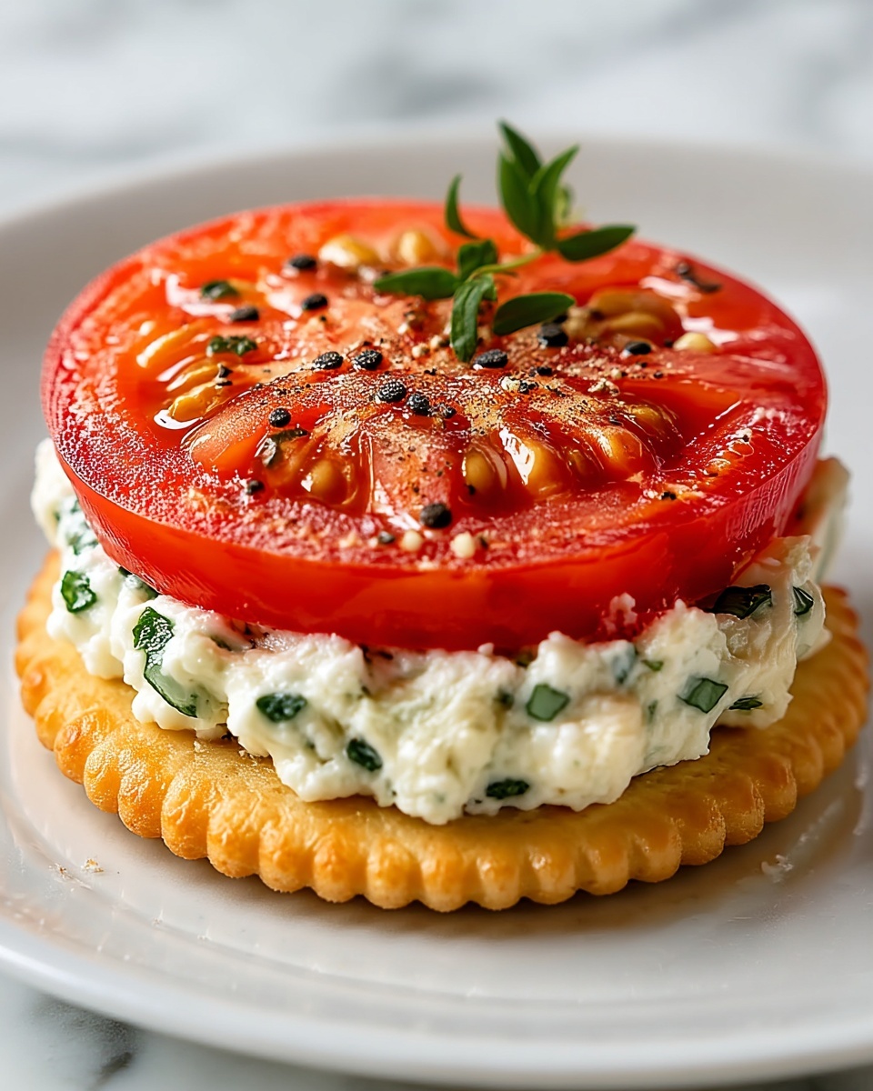 The dish shows a three-layer snack on a white plate with a white marbled surface underneath. The bottom layer is a round, golden-brown cracker with a slightly scalloped edge and a dry, crisp texture. The middle layer is a thick spread of white ricotta cheese mixed with small green herb pieces, giving it a creamy and slightly textured look. The top layer is a thick, juicy red tomato slice, sprinkled with coarse black pepper and glistening with moisture. The vivid colors and simple layering give a fresh and appetizing appearance. photo taken with an iphone --ar 4:5 --v 7