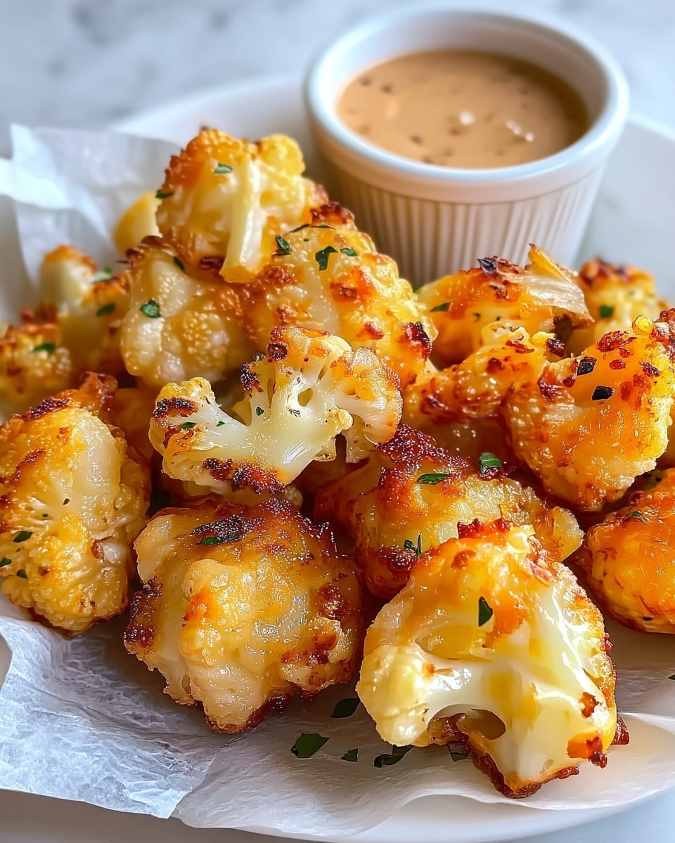 A close-up of a pile of golden-brown fried cauliflower florets, each piece showing a crispy and textured crust with some parts slightly darker from frying, scattered with small green herb flakes on top. The florets vary in size, revealing white, tender cauliflower inside. They are placed on a white plate lined with white parchment paper. In the background, slightly out of focus, is a small white ramekin filled with a creamy, light brown dipping sauce with visible black pepper specks. The dish is set on a white marbled surface. Photo taken with an iphone --ar 4:5 --v 7