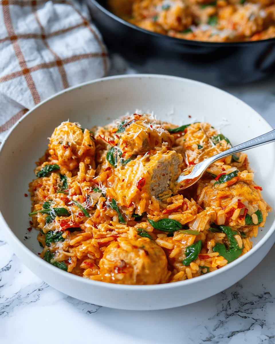 A white bowl filled with a creamy orange-red risotto mixed with green spinach leaves and small round meatballs. The risotto has a soft texture with visible grains of rice coated in sauce. The meatballs are cooked and light brown inside, with one cut open showing a tender inside. The risotto is sprinkled lightly with grated cheese and some red chili flakes for extra color. A silver fork is placed inside the bowl, holding a piece of the meatball. The bowl sits on a white marbled surface with a black pan of more risotto blurred in the background and a checkered cloth nearby. Photo taken with an iphone --ar 4:5 --v 7