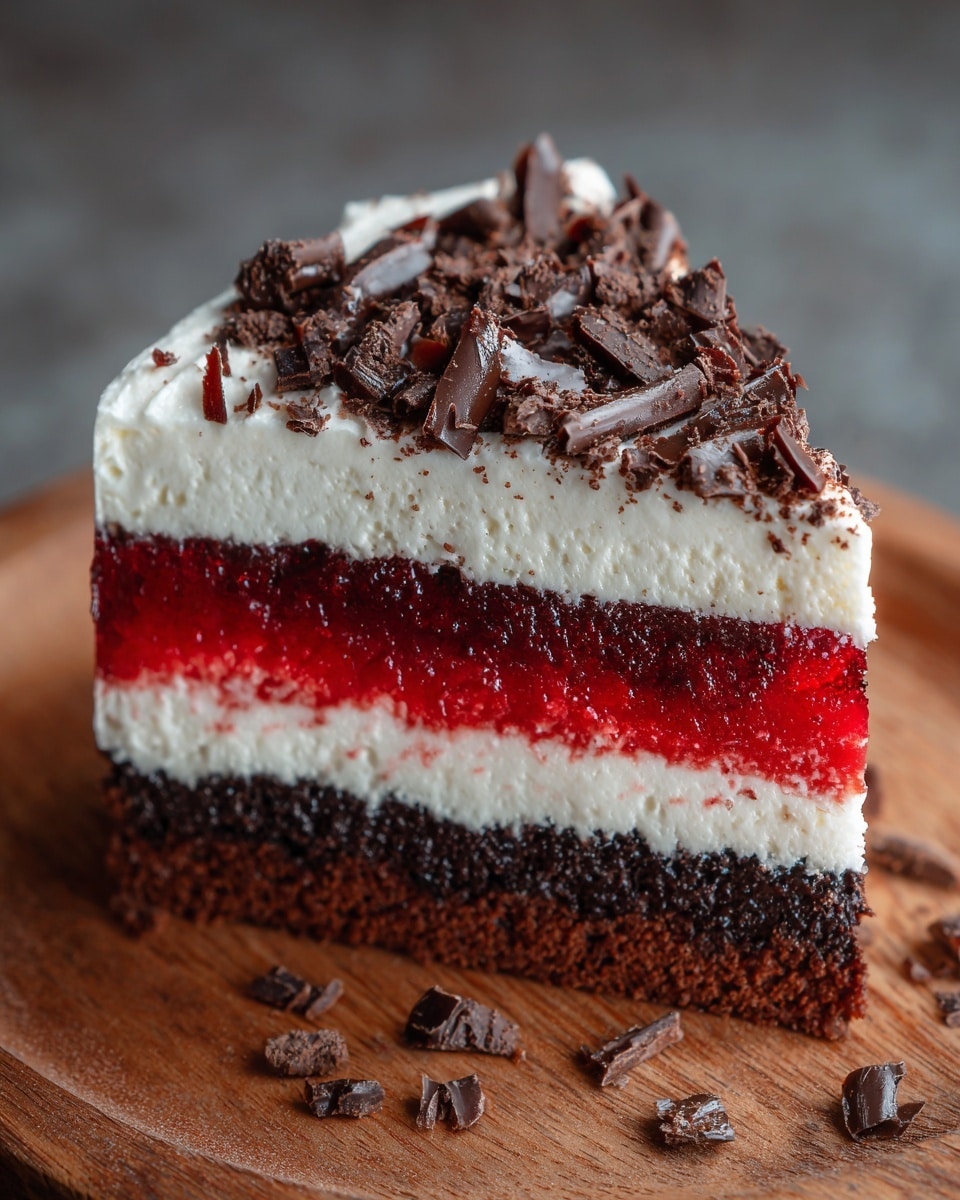 A close-up of a four-layer cake slice on a wooden board, starting with a dark brown crumbly base, followed by a thick, smooth, bright red middle layer, topped with a thick white creamy layer, and finished with dark brown chocolate shavings scattered on top. The cake slice looks rich and moist, with sharp clean edges, and a few chocolate bits scattered on the wood surface around it. Photo taken with an iphone --ar 4:5 --v 7