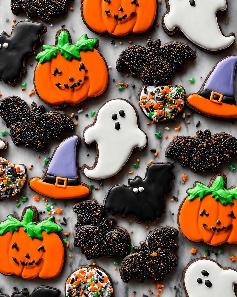 A collection of dark brown Halloween-themed cookies shaped like bats and pumpkins is displayed on a white marbled surface. Each cookie is covered with a thick layer of smooth white glaze icing that fully coats the top surface. Many of the bat-shaped cookies feature two large round black and white candy eyes placed near the top center, with colorful sprinkles in orange, purple, green, black, and white scattered densely over the icing. The pumpkin-shaped cookies are decorated similarly with white icing but have orange, yellow, and white sprinkles spread evenly across. Some icing also drips slightly along the edges, adding texture. The sprinkles are varied in shape, primarily small rods. The overall look is festive and vibrant, with a mix of light icing and bright sprinkle colors against the dark cookie base, all set on a clean, white marbled background. Photo taken with an iphone --ar 4:5 --v 7