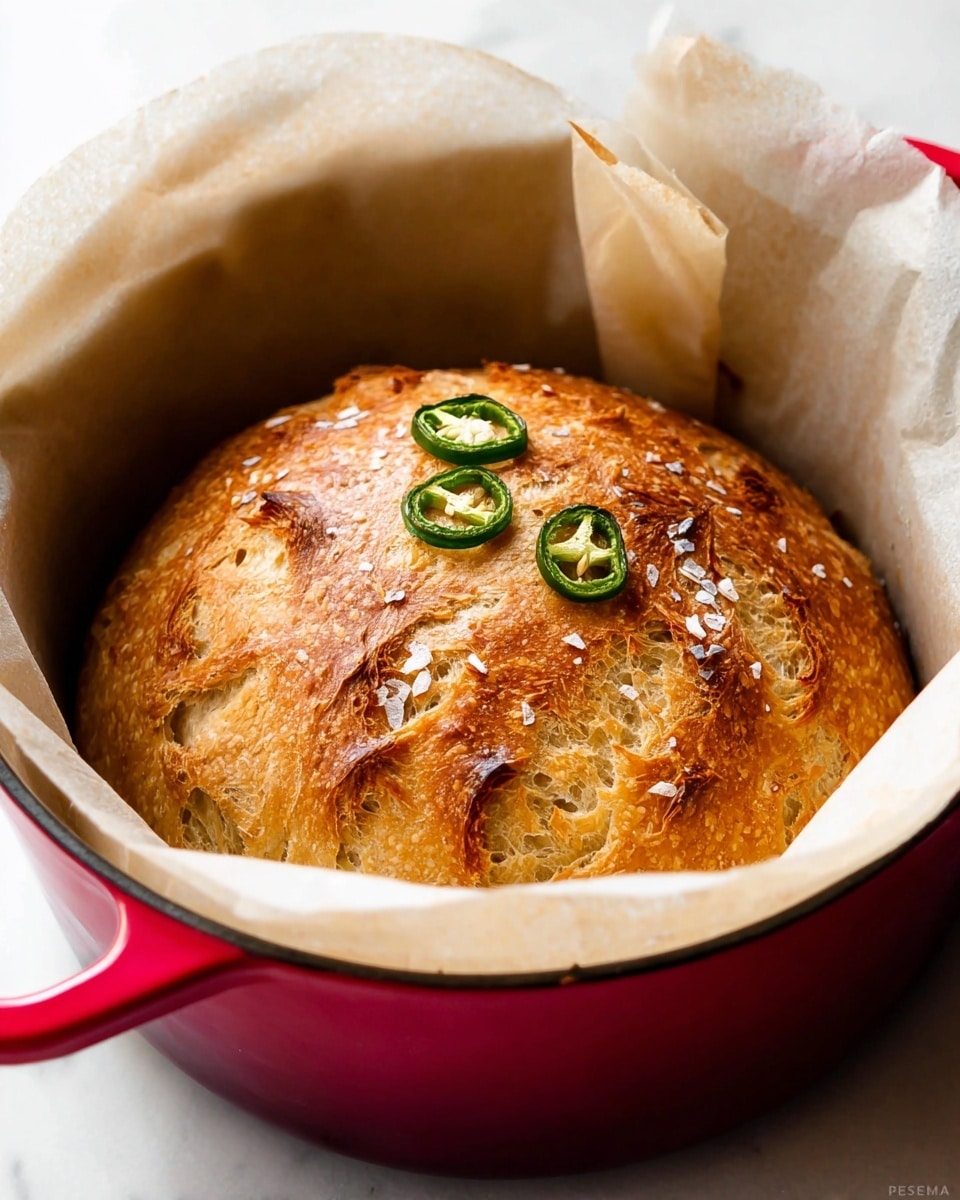 A round loaf of bread with a golden-brown crust sits inside a white parchment paper lining a red pot. The bread has a rough, textured surface with visible cracks and is topped with three small slices of green jalapeno peppers in the center. There is a light dusting of coarse salt on the crust. The red pot contrasts with the white parchment and the white marbled surface underneath. photo taken with an iphone --ar 4:5 --v 7