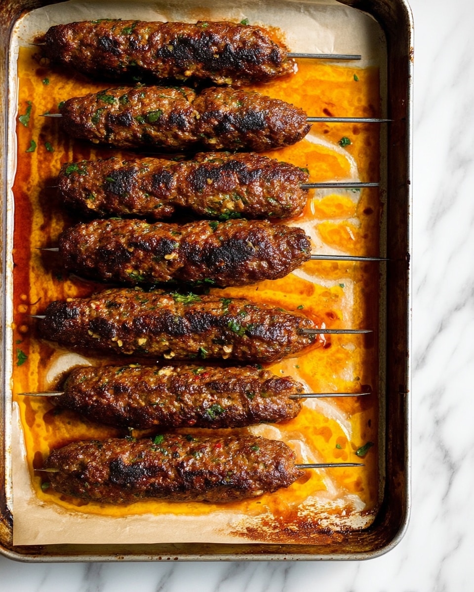 The image shows several brown grilled meat kebabs on metal skewers, arranged in two neat rows on a flat baking tray lined with parchment paper. The meat has a rough, slightly charred texture and a rich, dark brown color with specks of herbs visible throughout. The baking tray beneath has orange-brown stains from the cooked juices, adding a warm contrast to the kebabs. The scene is set on a white marbled surface. photo taken with an iphone --ar 4:5 --v 7