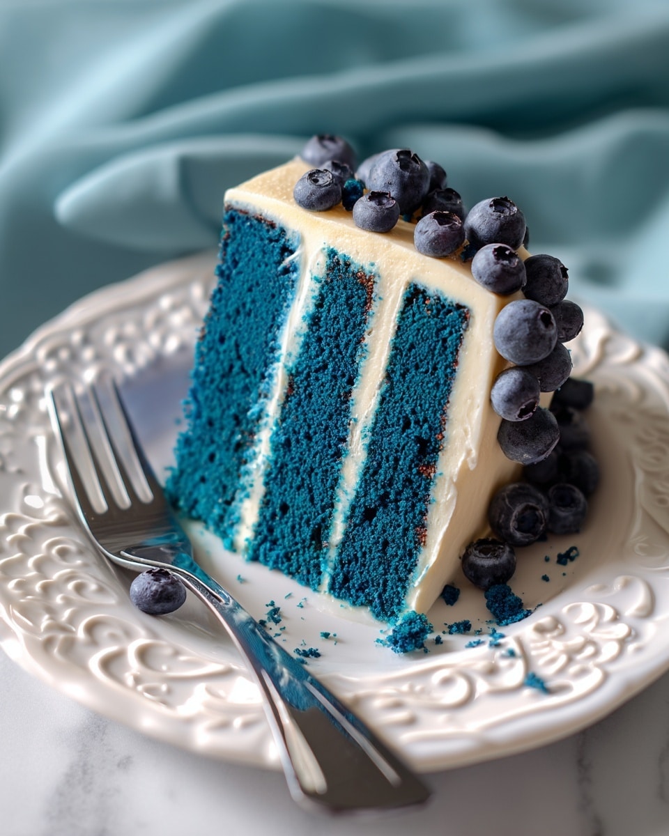 A slice of three-layer blue cake with a soft, moist texture sits on a white plate with decorative edges. Each layer of the cake is a deep blue color, separated by creamy white frosting that also tops the slice. Fresh blueberries are neatly arranged on the top edge of the slice, adding a dark blue contrast. A silver fork rests on the plate, with a few scattered blue crumbs nearby. The plate is placed on a white marbled surface, with soft blue fabric gently draped in the background. photo taken with an iphone --ar 4:5 --v 7
